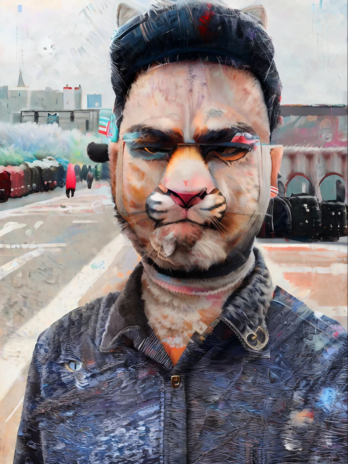 a painting of a cat wearing a hat and scarf, trend in art station, dressed in punk clothing, hyper realistic detailed render, british gang member, urban style, intimidating pose, planet of the cats, trendy clothes, urban samurai, meow, west slav features, 8 1 5