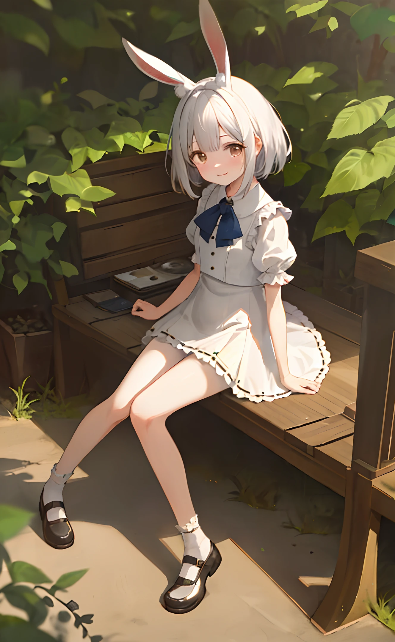 ((masterpiece,best quality)),1girl, solo, animal ears, rabbit, red mary janes, knees up, dress, sitting, rabbit ears, short sleeves, looking at viewer, grass, short hair, crying, white hair, puffy sleeves, outdoors, puffy short sleeves, bangs, on ground, full body, animal, white dress, sunlight, brown eyes, dappled sunlight, day, depth of field, doggy style,, stomach buldge