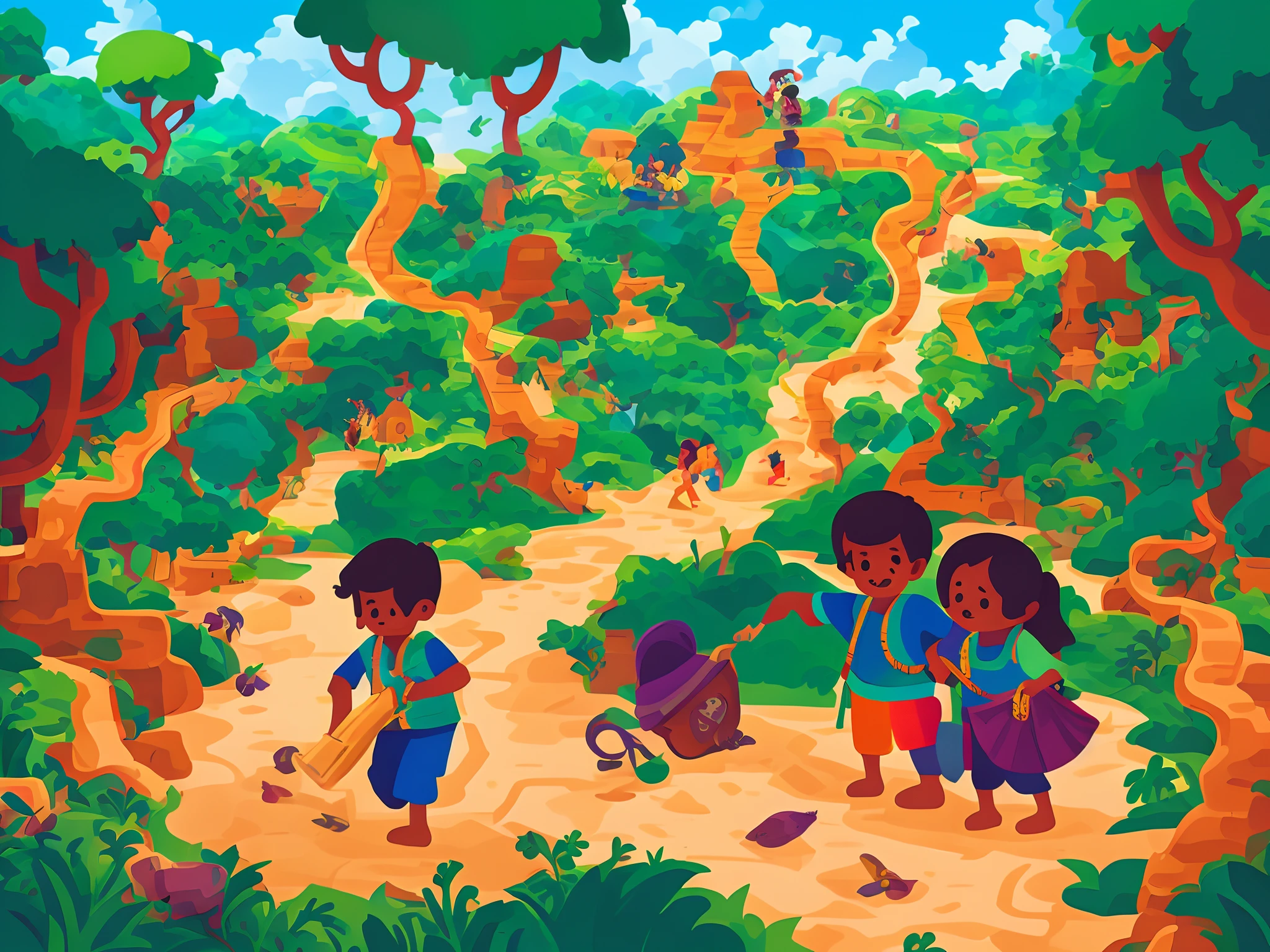 Create illustrations for two kids set on a journey to jungle. They have maps in in hand looking for a lost treasure