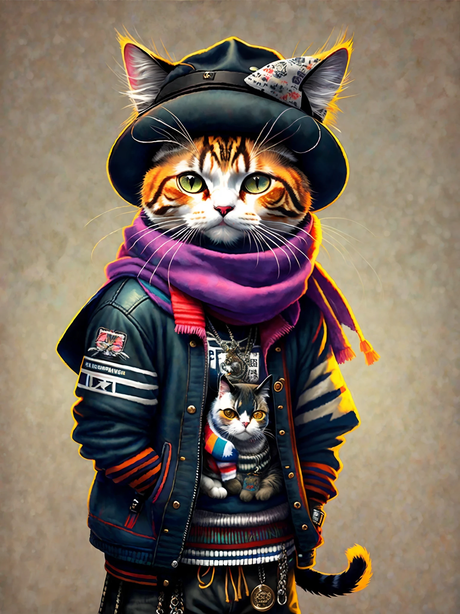 a painting of a cat wearing a hat and scarf, trending in the art station, dressed in punk clothes, detailed hyper realistic rendering, british gang member, street style, intimidating pose, planet of the cats, clothes with fashion, urban samurai, meow, west slavic features, 8 1 5