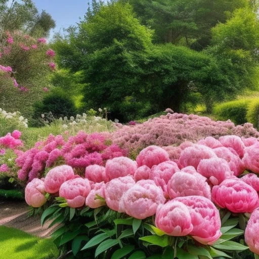 a garden full of blooming peonies, roses, a big tree accompanied, blue sky, bright sunlight, high resolution cover photo