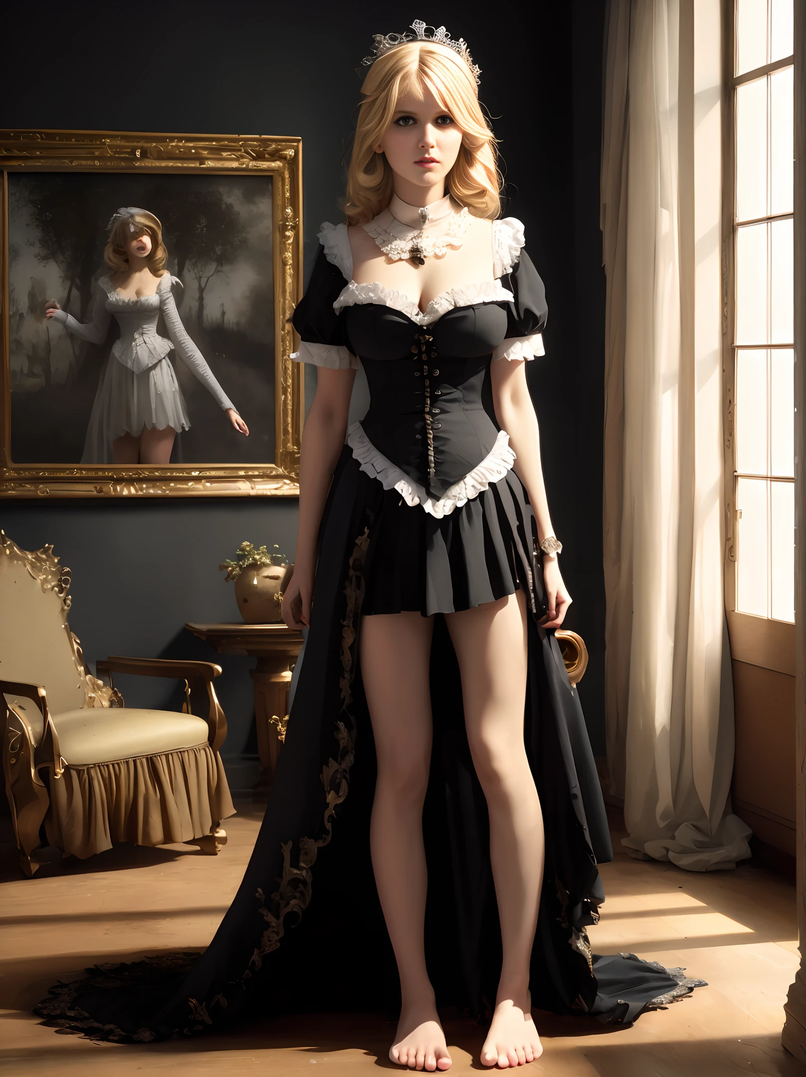 14 years old, female with big breasts (Gothic style) in maid outfit, torn skirt, golden body proportions, messy blond hair (inner splayed feet) (very detailed CG unity 8k wallpaper) big breasts torn skirt ruddy and shy Ed Blinkey America's most beautiful body art , ATey Ghailan, Painting by Jeremy Professional Gorgeous Mann, Greg Manches, Antonio Moro, Artstation Trends, CGSOC IETY TRENDS, intricate, tall detailed, accurate, dramatic realism art, cg, 3d, 8k 4k