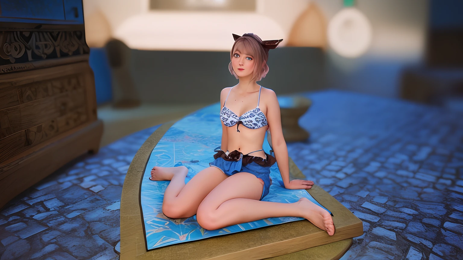 a closeup portrait of a playful maid, undercut hair, apron, amazing body, pronounced feminine feature, busty, kitchen, [ash blonde | ginger | pink hair], freckles, flirting with camera