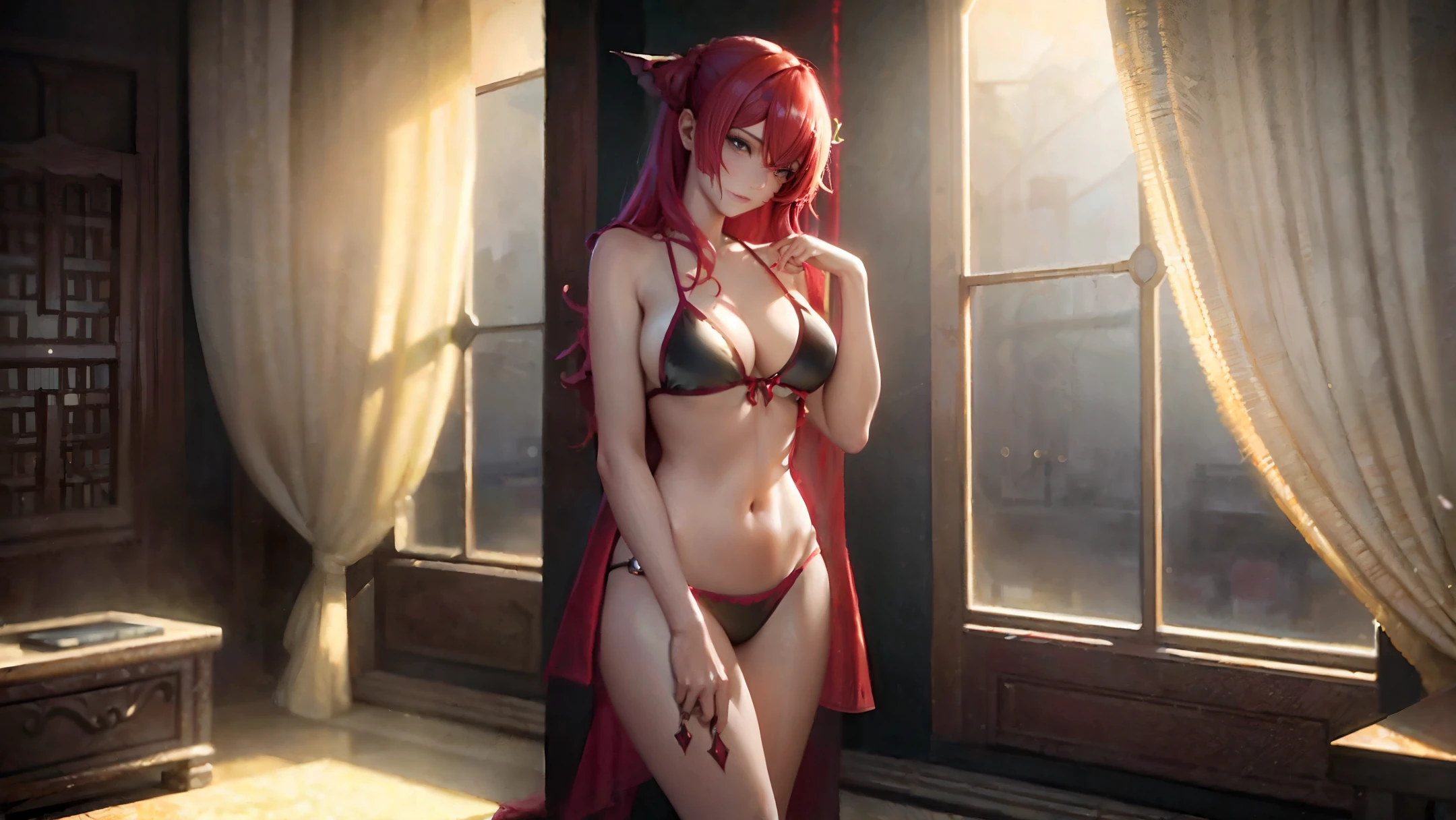 (best quality:1.1), (masterpiece:1.4), (fantasy Illustration:1.2),. anime cat girl in a bikini posing in front of a window, a raytraced image inspired by Nishikawa Sukenobu, deviantart contest winner, renaissance, succubus in tight short dress, cyarine, beautiful succubus, sexy pose, full pose, succubus in sundress portrait, sfw version, realistic shaded perfect body, spellcasting pose, attractive cat girl, red hair, sexy, hot, cat girl