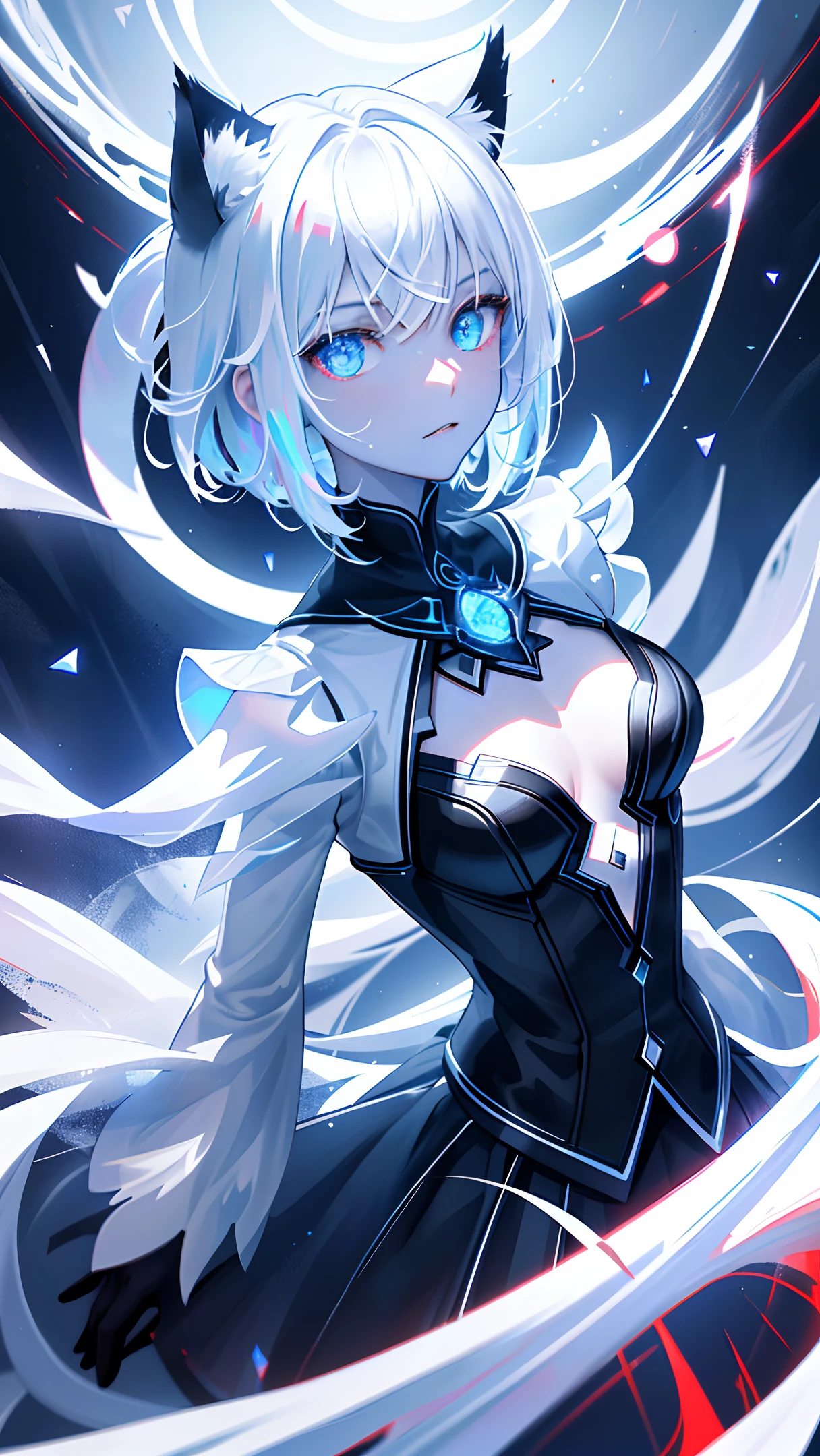 (masterpiece, best quality, ultra-detailed, best shadow), (detailed background,dark fantasy), (beautiful detailed face), high contrast, (best illumination, an extremely delicate and beautiful), ((cinematic light)), hyper detail, dramatic light, intricate details, (1 girl, solo,white hair, sharp face, blue and red eyes, hair between eyes, dynamic angle), swirling black light around the character, depth of field,black light particles,(broken ice),magic circle,cat girl,short hair, xenoblade, (heterochromia),cat ears, close up, upper body, freckles