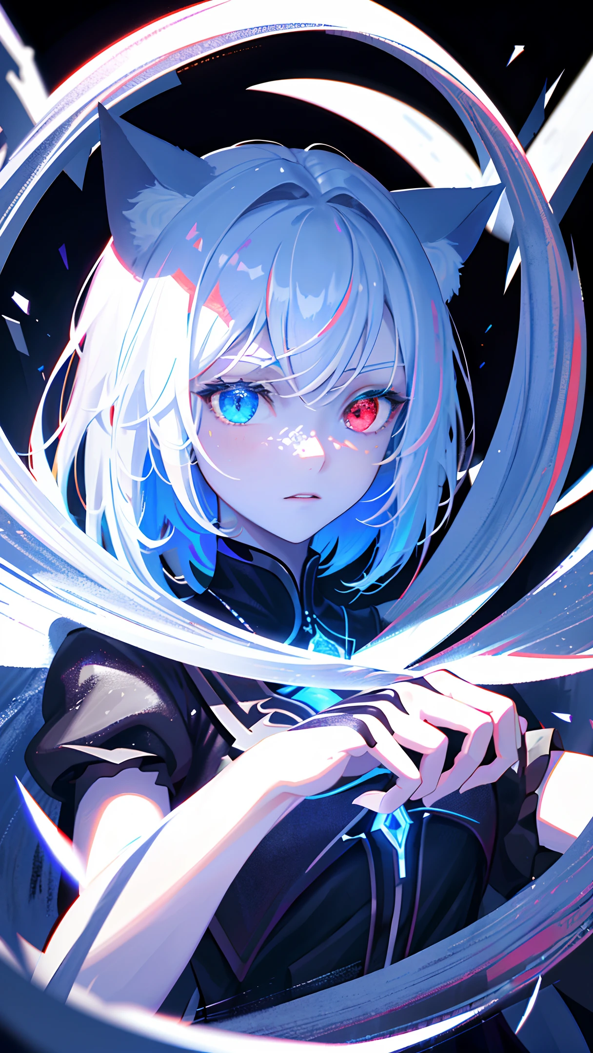 (masterpiece, best quality, ultra-detailed, best shadow), (detailed background,dark fantasy), (beautiful detailed face), high contrast, (best illumination, an extremely delicate and beautiful), ((cinematic light)), hyper detail, dramatic light, intricate details, (1 girl, solo,white hair, sharp face, blue and red eyes, hair between eyes, dynamic angle), swirling black light around the character, depth of field,black light particles,(broken ice),magic circle,cat girl,short hair, xenoblade, (heterochromia),cat ears, close up, upper body, freckles