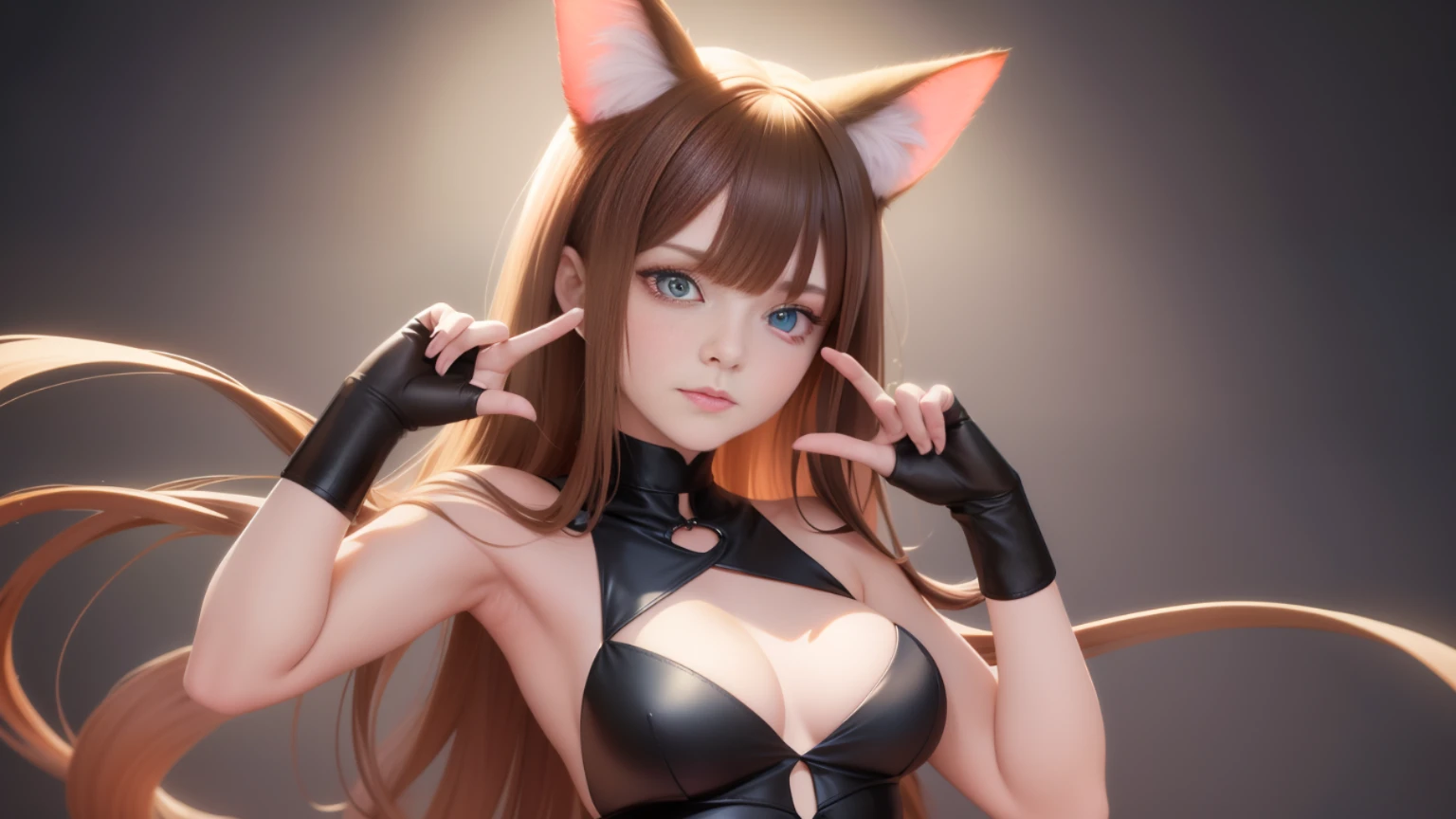 best quality, masterpiece,brown hair, blue eyes, looking up, upper body,. there is a cat girl in a black and blue outfit posing, leeloo outfit, tinyest midriff ever, rin, loosely cropped, full pose, kitsune inspired armor, doing a sassy pose, tinyest midriff ever, rin, loosely cropped, thin tail.