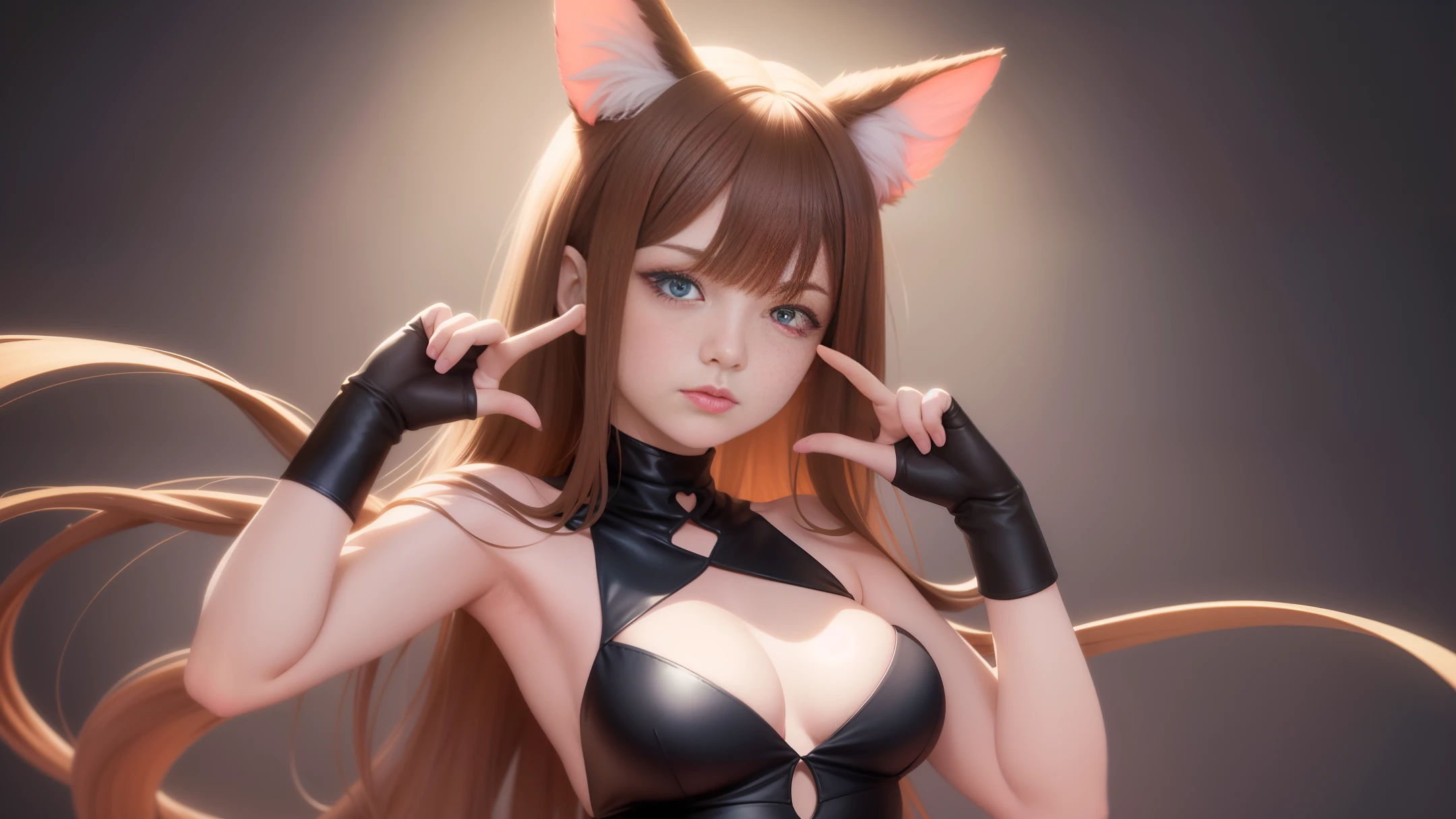 best quality, masterpiece,brown short hair, blue eyes, looking up, upper body,. there is a cat girl in a black and blue outfit posing, leeloo outfit, tinyest midriff ever, rin, loosely cropped, full pose, kitsune inspired armor, doing a sassy pose, tinyest midriff ever, rin, loosely cropped, thin tail.