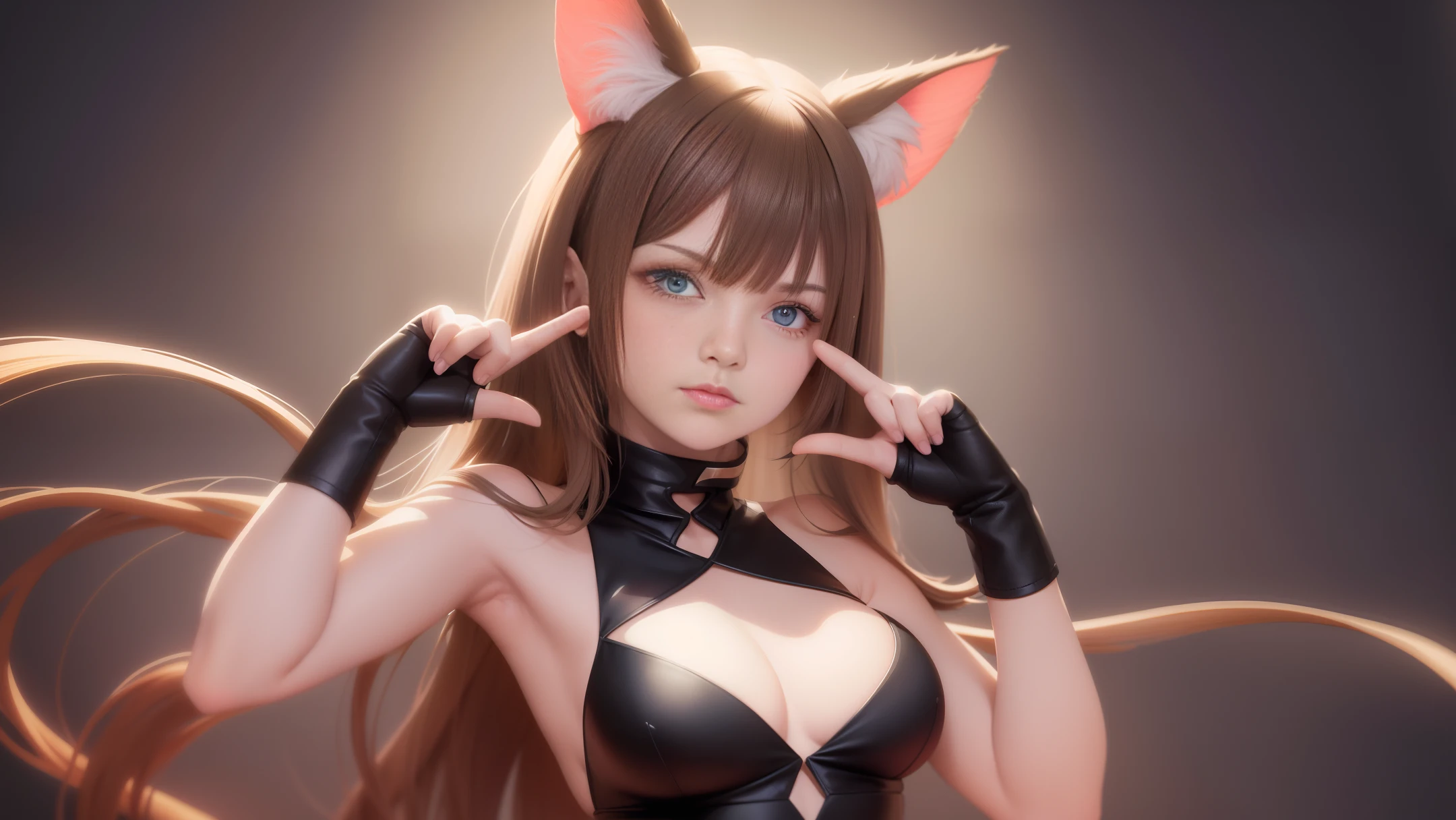 best quality, masterpiece,brown short hair, blue eyes, looking up, upper body,. there is a cat girl in a black and blue outfit posing, leeloo outfit, tinyest midriff ever, rin, loosely cropped, full pose, kitsune inspired armor, doing a sassy pose, tinyest midriff ever, rin, loosely cropped, thin tail, shorten hair, cut hair.