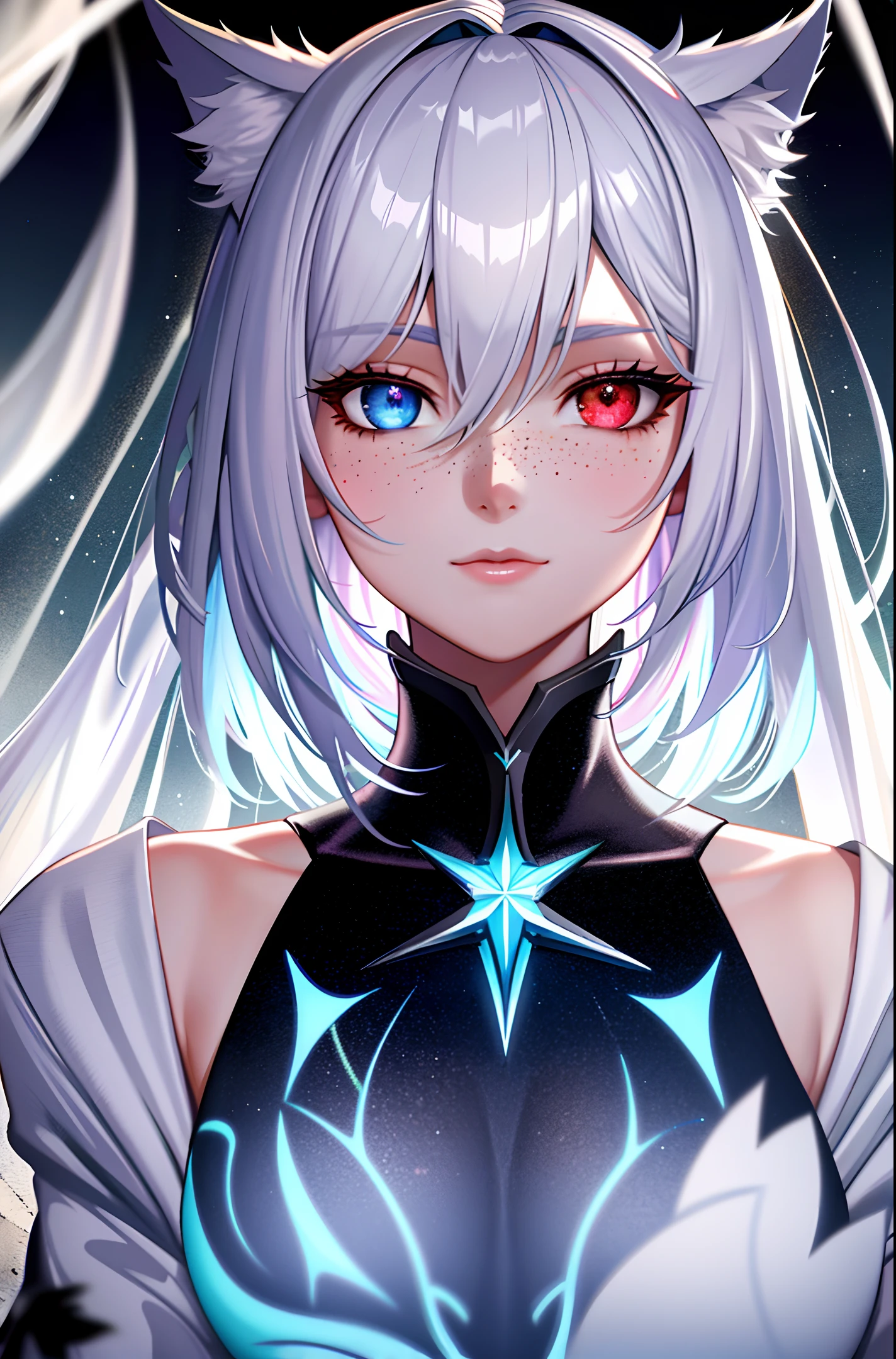 (masterpiece, best quality, ultra-detailed, best shadow), (detailed background,dark fantasy), (beautiful detailed face), high contrast, (best illumination, an extremely delicate and beautiful), ((cinematic light)), hyper detail, dramatic light, intricate details, (1 girl, solo,white hair, sharp face, blue and red eyes, hair between eyes, dynamic angle), swirling black light around the character, depth of field,black light particles,(broken ice),magic circle,cat girl,short hair, xenoblade, (heterochromia),cat ears, freckles, dynamic pose