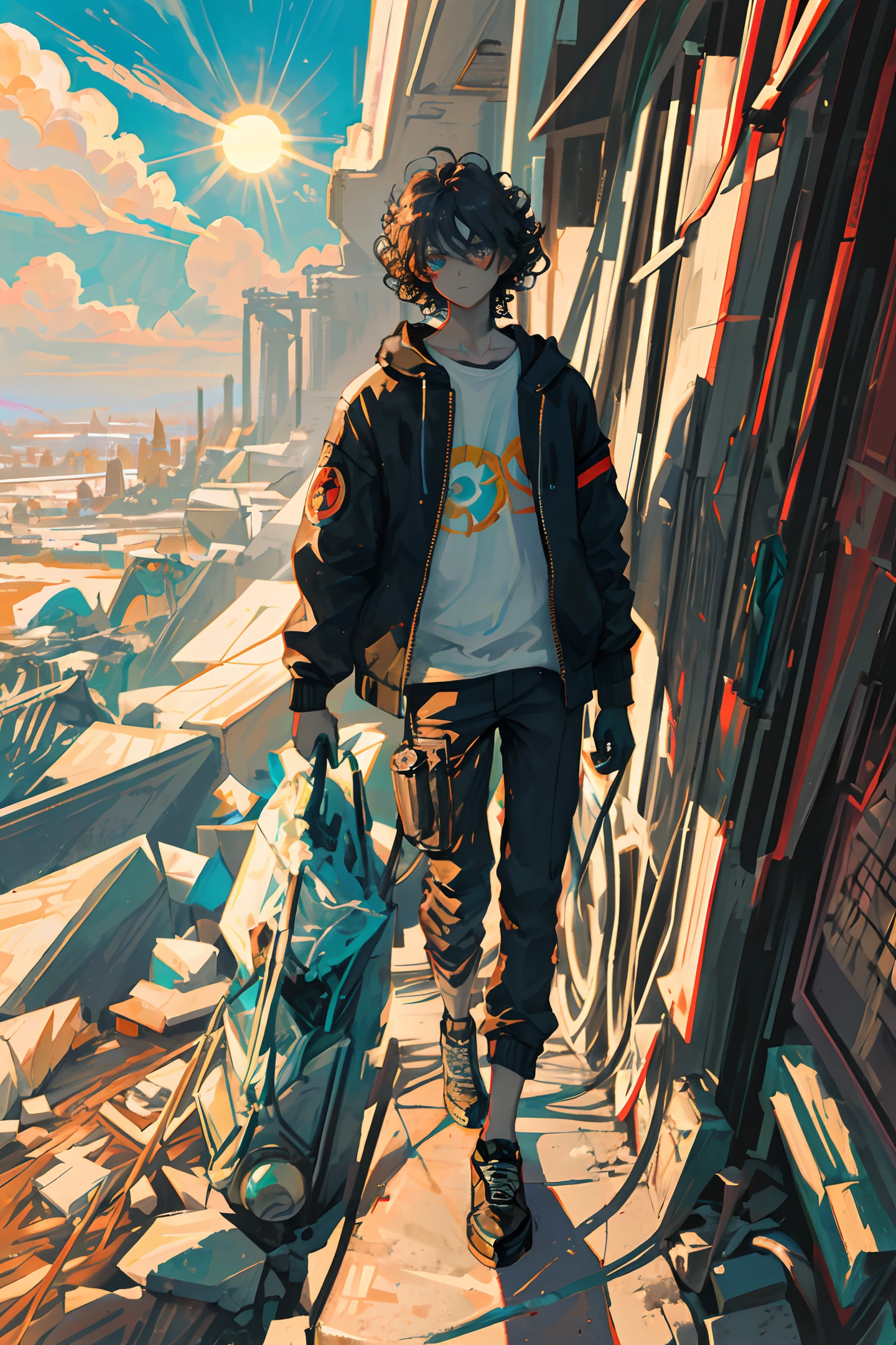 masterpiece, best quality, ultra detailed, illustration, close up, straight, cyborg boy with beautiful eyes, cyberpunk, cyborg, desert, city debris, cold face (looking at viewer), curly black hair, curly black hair, dusk, sun clouds, pretty eyes