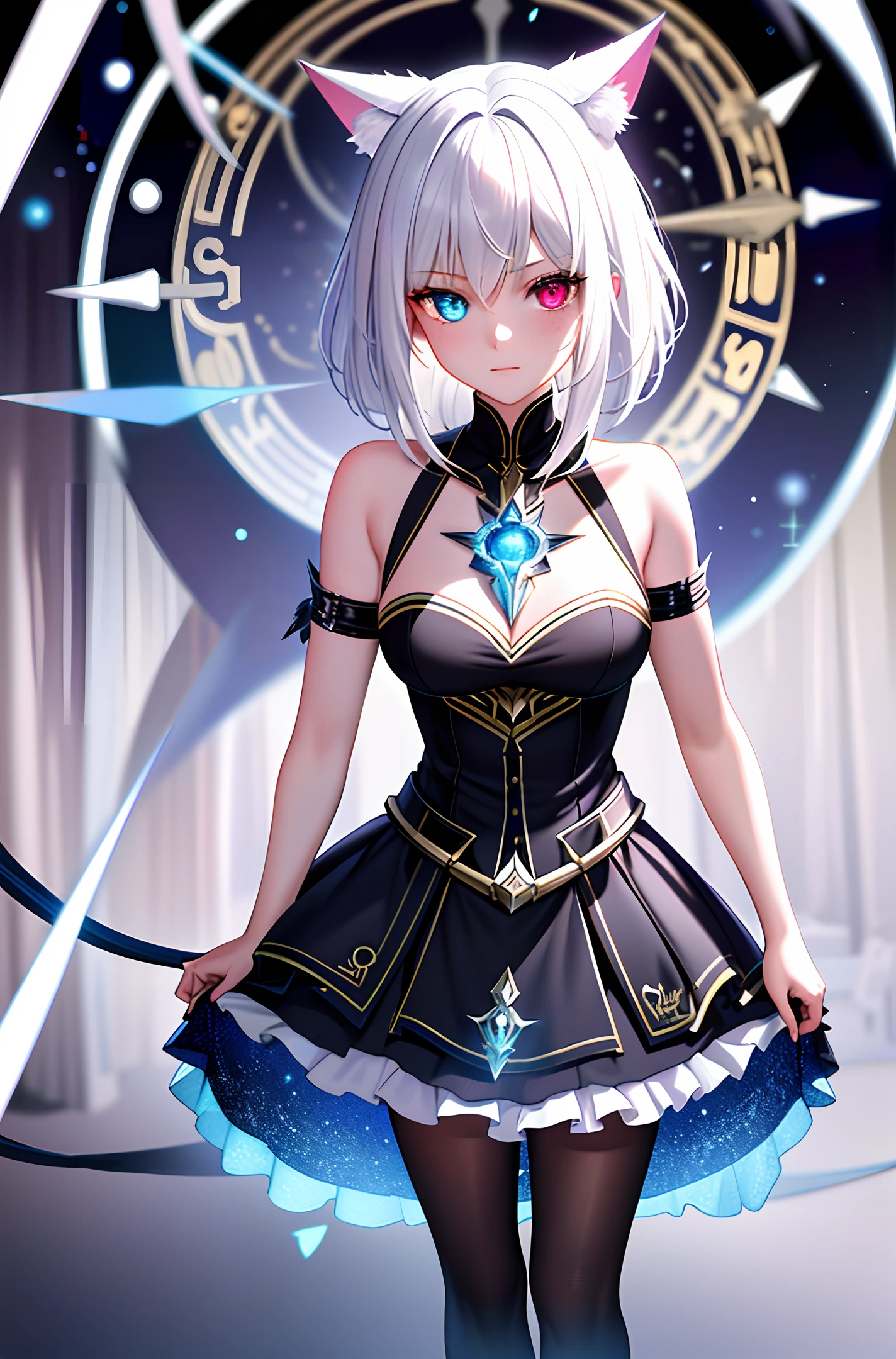 (masterpiece, best quality, ultra-detailed, best shadow), (detailed background,dark fantasy), (beautiful detailed face), high contrast, (best illumination, an extremely delicate and beautiful), ((cinematic light)), hyper detail, dramatic light, intricate details, (1 girl, solo,white hair, sharp face, blue and red eyes, hair between eyes, dynamic angle), swirling black light around the character, depth of field,black light particles,(broken ice),magic circle,cat girl,short hair, xenoblade, (heterochromia),cat ears, freckles, dynamic pose, full body