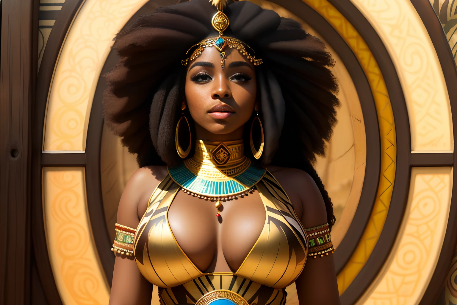 (masterpiece:1.2), (best quality:1.2), perfect eyes, perfect face, perfect lighting, photoshoot, 1girl, nubian female wearing SSAHC, SSAHC, dark-skinned, colorful tribal dress, headdress, thick eyelashes, makeup, eyeshadow, medium hair, oasis, desert detailed outdoor background