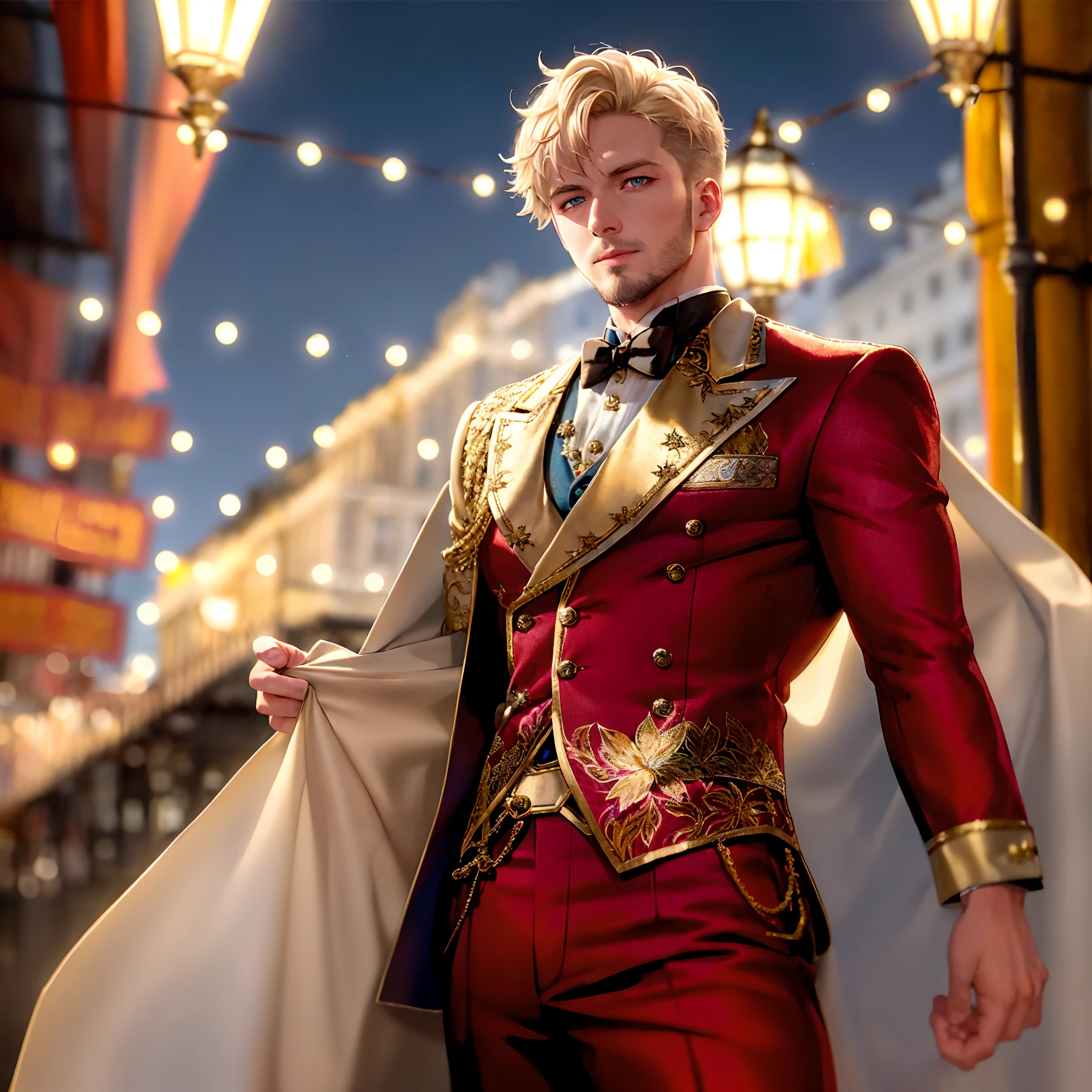 Outdoors, 25-year old muscular male, gold silk tailcoat with magnolia embroidery, dark red pants, magnolia in button-hole, blue eyes, glowing eyes, short curly blonde hair, short beard, grey skin, New Orleans bourbon street, night, 8k, Unreal engine, highly detailed, photorealistic,