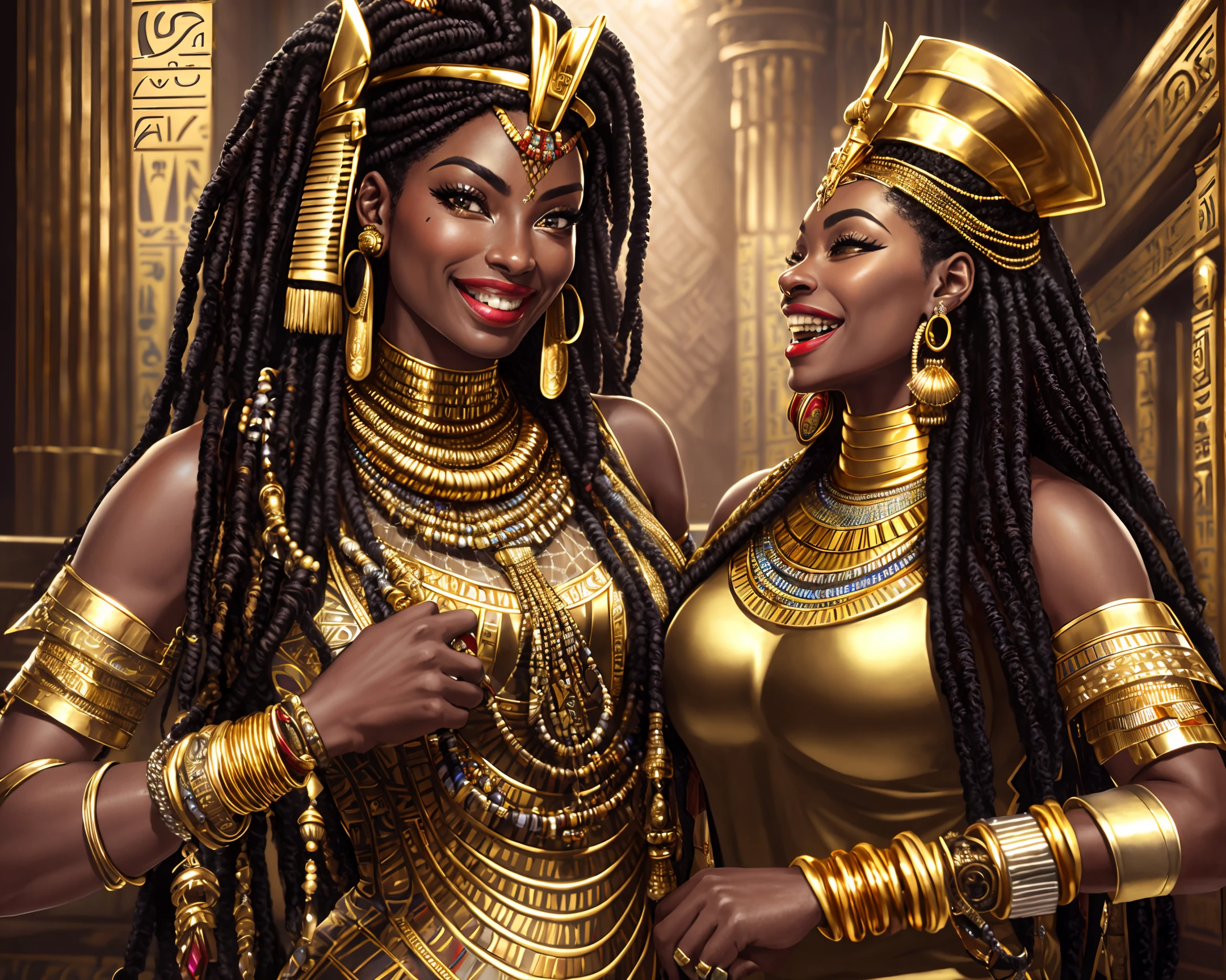 (Epic movie (palace) scene), ((Egyptian Gold)), Hyperealistic detailed photography, michaelangelo, artgerm and rutkowski, mcfarlane, jim lee, (((nubian))), (((dark skin))), ((thicc)), (((long woven dreadlocks))), (((laughing))), hyperfuturistic clothing, (gold, ankara style), masterpiece, (((mesh))), unique style, fashion sense, striking outfit, (((accessories))), bracelet, chain necklace, choker, earrings, every detail expertly rendered, texture and fabric accurately depicted, rendered in a highly detailed and photorealistic style Masterpiece, detailed background,