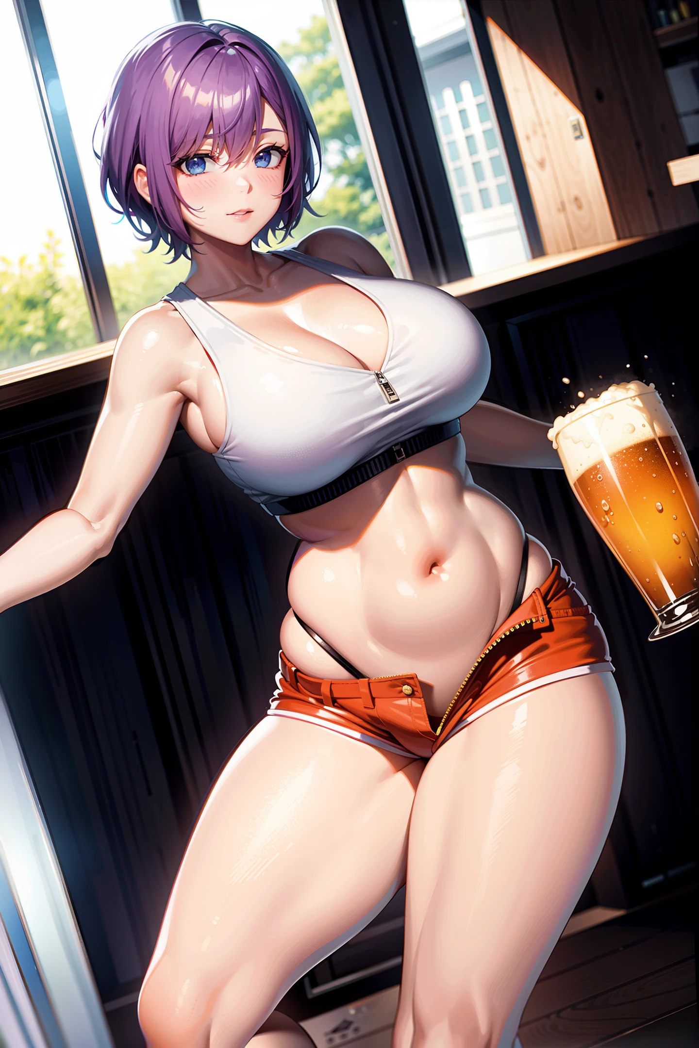 Short purple hair, plump youthful face, white vest, orange shorts, zipper pants, belly exposed, thighs and shoulders, big breasts, holding a beer glass, blue eyes, confident expression, anime style, in a pub.