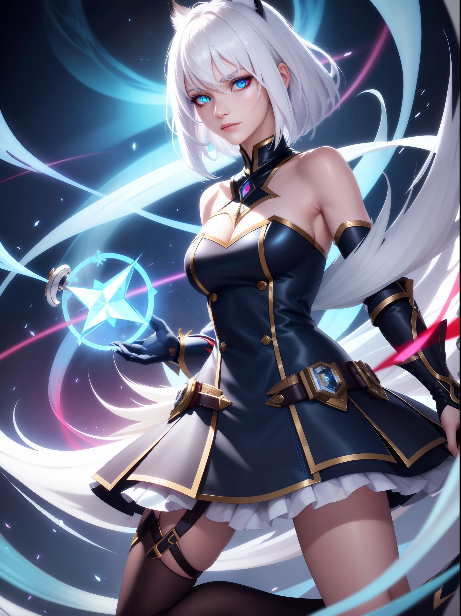{{masterpiece}}, shiny skin,best quality,highly detailed,extremely detailed CG unity 8k wallpaper, (masterpiece, best quality, ultra-detailed, best shadow), (detailed background,dark fantasy), (beautiful detailed face), high contrast, (best illumination, an extremely delicate and beautiful), ((cinematic light)), hyper detail, dramatic light, intricate details, (1 girl, solo,white hair, sharp face, blue and red eyes, hair between eyes, dynamic angle), swirling black light around the character, depth of field,black light particles,(broken ice),magic circle,cat girl,short hair, xenoblade, (heterochromia),cat ears, freckles, dynamic pose