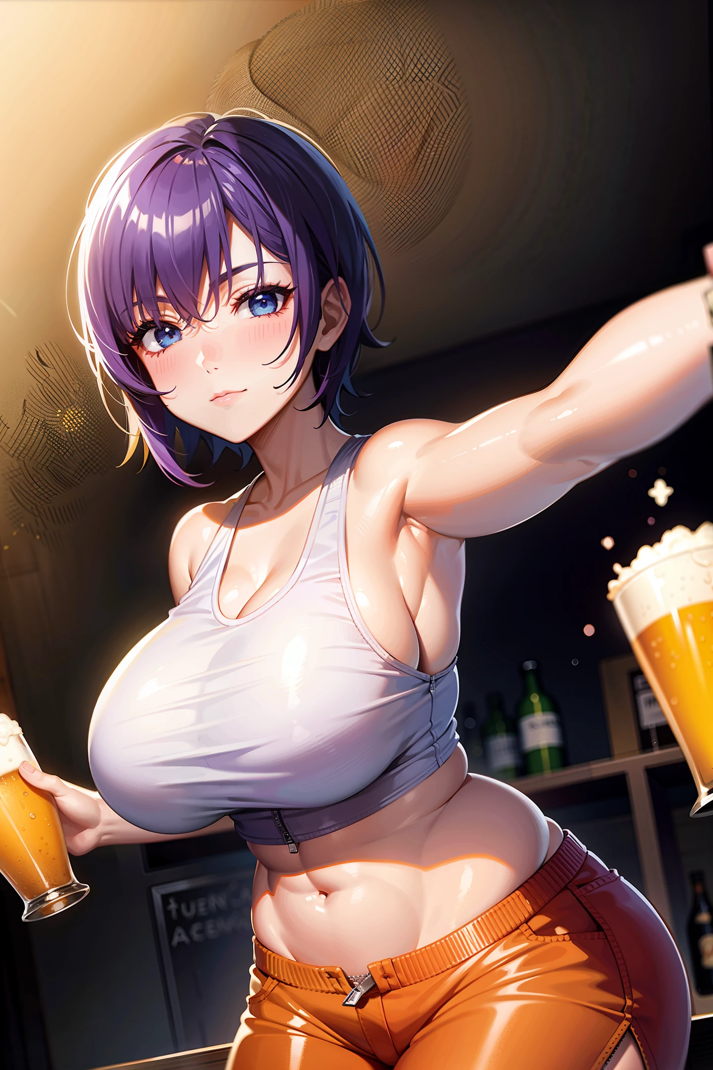 Short purple hair, plump youthful face, white vest, orange shorts, zipper pants, belly exposed, thighs and shoulders, big breasts, holding a beer glass, blue eyes, confident expression, anime style, in a pub.