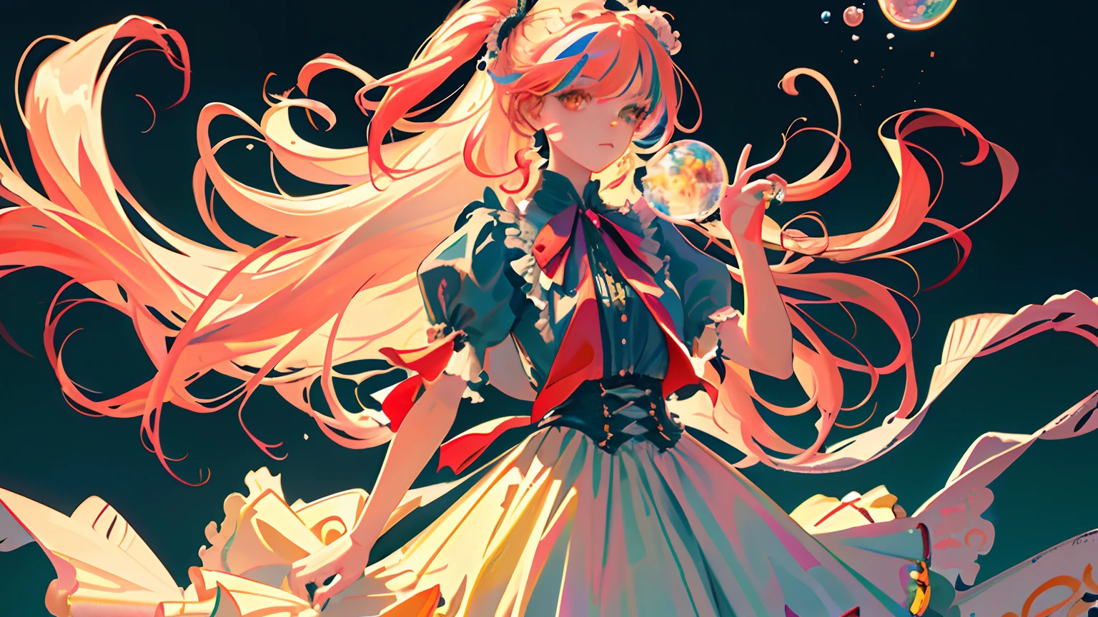 (masterpiece), (best quality), (ultra detailed),(disheveled hair),(illustration), (1girl), (Fashionable clothing), standing,Fashion model,looking at viewer, (interview), (simple background),beautifuldetailedeyes,delicate beautiful face,Floating,(high saturation),(colorful splashes),colorful bubble,(shining),focus on face,