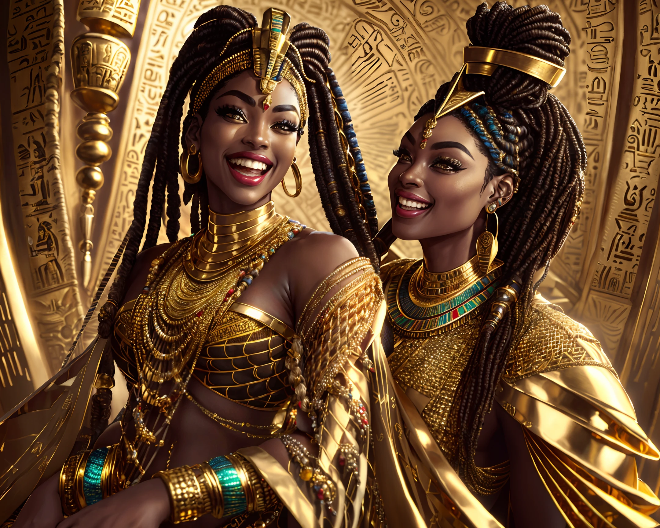 (Epic movie (palace) scene), ((Egyptian Gold)), Hyperealistic detailed photography, michaelangelo, artgerm and rutkowski, mcfarlane, jim lee, (((nubian))), (((dark skin))), ((thicc)), (((long woven dreadlocks))), (((laughing))), hyperfuturistic clothing, (gold, ankara style), masterpiece, (((mesh))), unique style, fashion sense, striking outfit, (((accessories))), bracelet, chain necklace, choker, earrings, every detail expertly rendered, texture and fabric accurately depicted, rendered in a highly detailed and photorealistic style Masterpiece, detailed background, 
