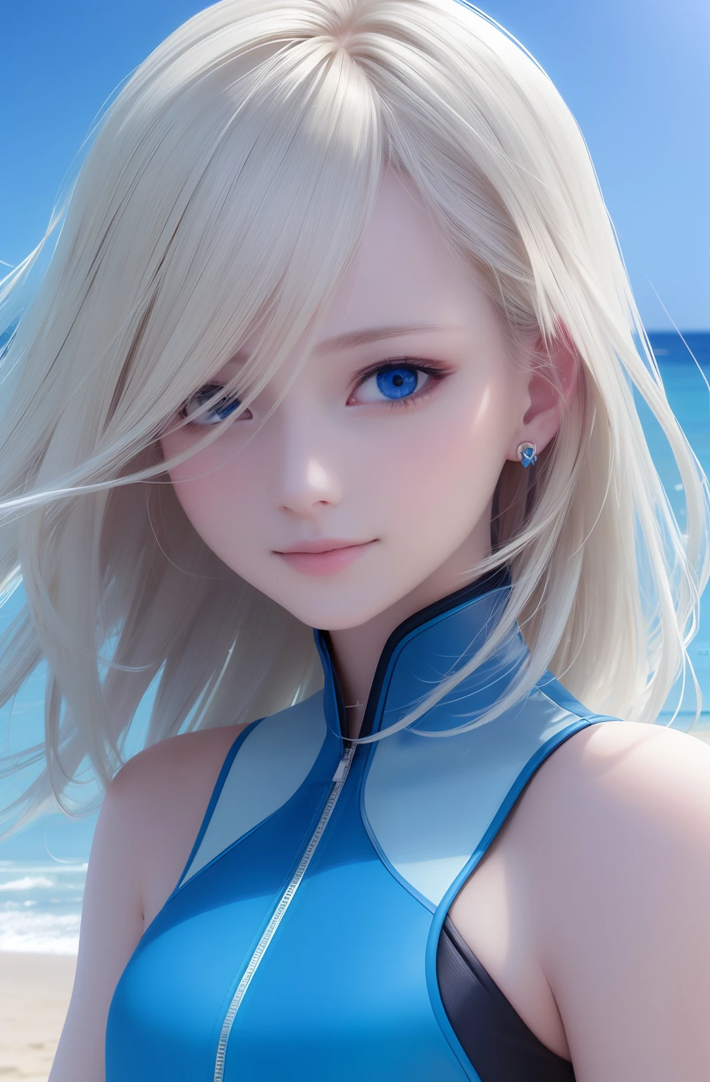Pretty Female, Windblow blonde hair, glowing blue eyes, realistic, masterpiece, high detailed, 4K, beach background, high detailed light, little smile, white skin