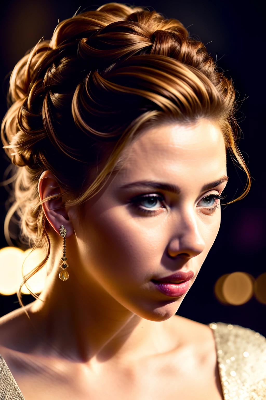 portrait photo of scarlet johansson, beautiful woman hair updo upsweep nightclub sitting at bar (masterpiece) (best quality) (detailed) (8k) (HDR) (wallpaper) (cinematic lighting) (sharp focus) (intricate)