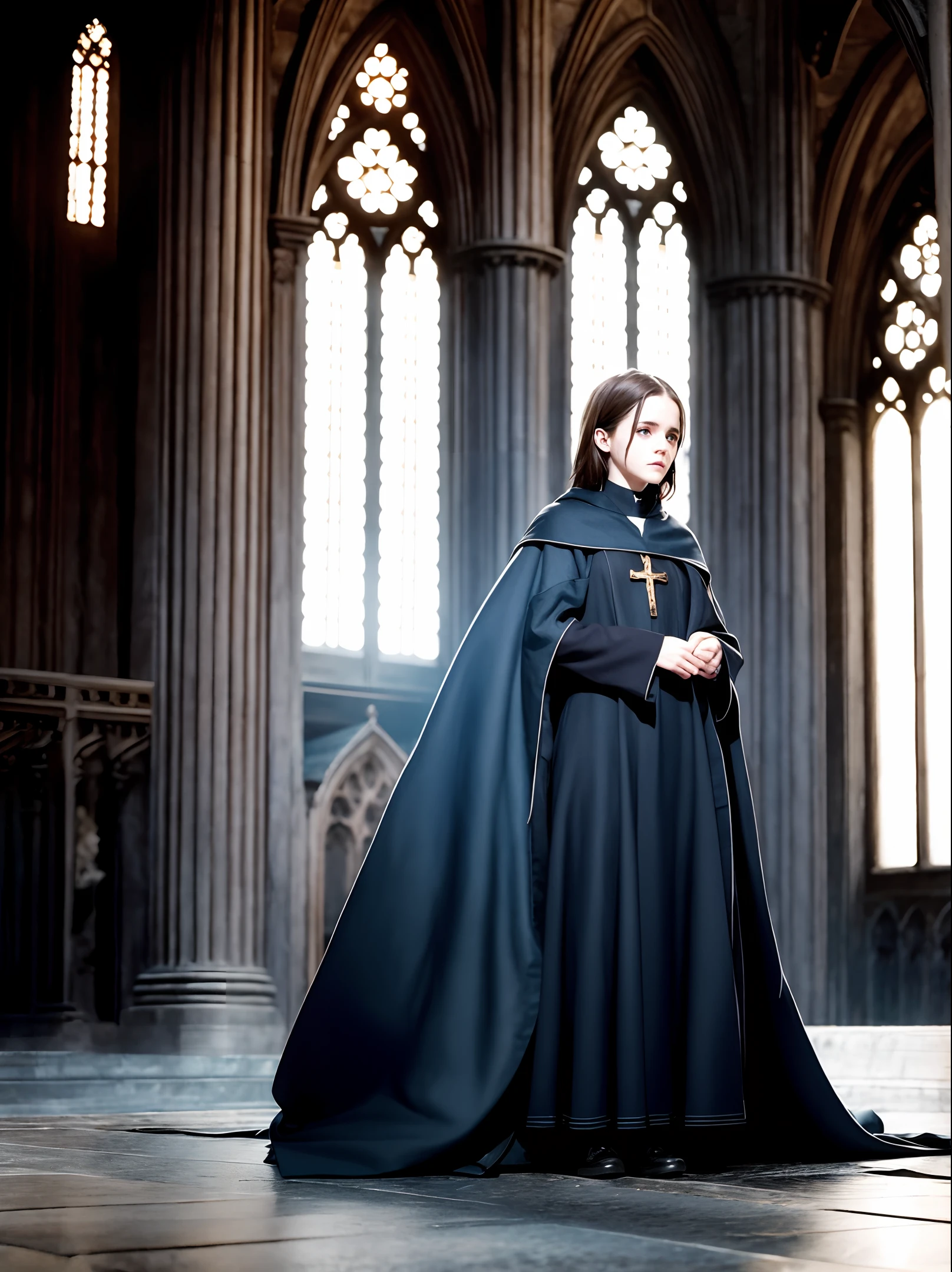 Emma Watson as old priest in an empty gothic cathedral, blue eyes, aged skin, ((whole body,)), light coming from windows, dirty monk robes, torn clothes, serious expression, medieval clothes