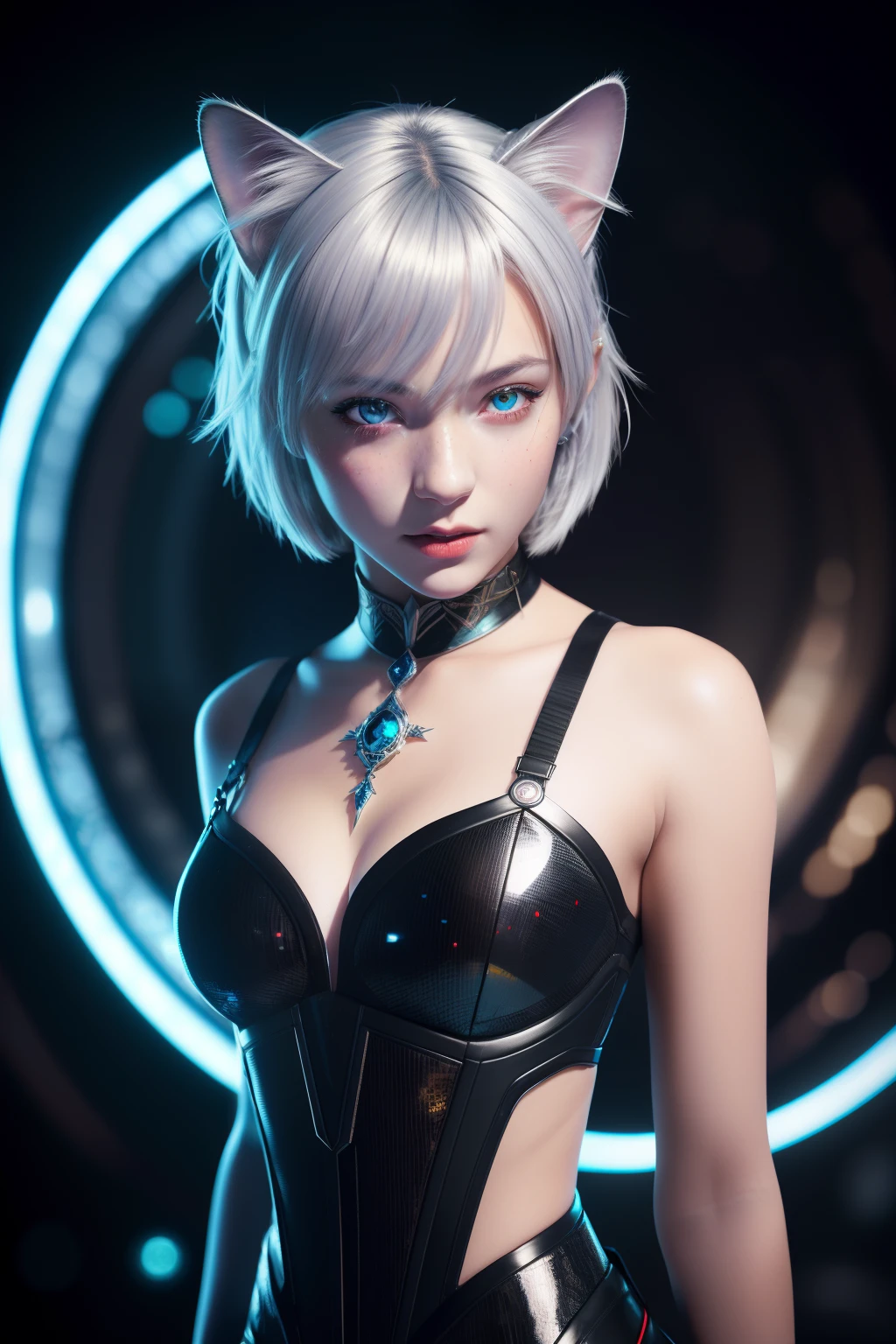 (best quality),((masterpiece)),(highres), original, (extremely detailed 8K wallpaper), overexposure,1girl,(medium breasts),(an extremely delicate and beautiful),(Beautiful and detailed eye description),(Beautiful and detailed facial depiction),(solo),(upper body),arms behind back,{{masterpiece}}, shiny skin,best quality,highly detailed,extremely detailed CG unity 8k wallpaper, (masterpiece, best quality, ultra-detailed, best shadow), (detailed background,dark fantasy), (beautiful detailed face), high contrast, (best illumination, an extremely delicate and beautiful), ((cinematic light)), hyper detail, dramatic light, intricate details, (1 girl, solo,white hair, sharp face, blue and red eyes, hair between eyes, dynamic angle), swirling black light around the character, depth of field,black light particles,(broken ice),magic circle,cat girl,short hair, xenoblade, (heterochromia),cat ears, freckles, dynamic pose