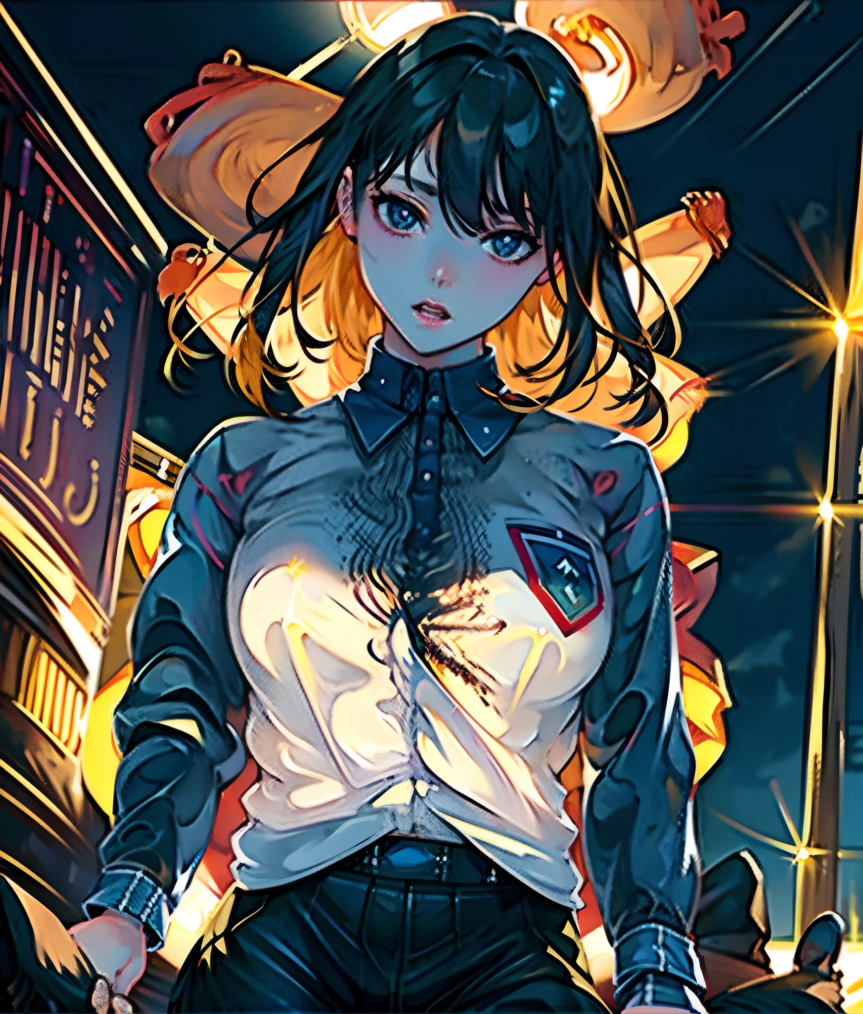 best quality, photorealistic, 1girl, woman,(skindentation), huge breast, (cityscape), (night), (professional lighting), (street), people, crowds, market, braided bangs, (shirt:1.5), upper body, gorgeous, cinematic, bloom, floating hair,light particles, lens flare, dynamic pose, glowing particles, hot & sexy