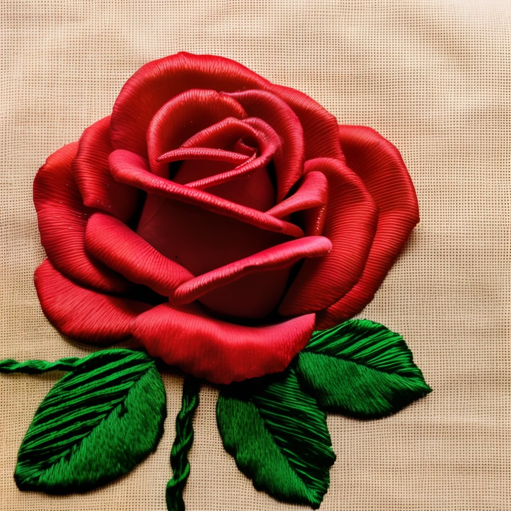 On a ivory colored cloth there is blood red rose embroidered