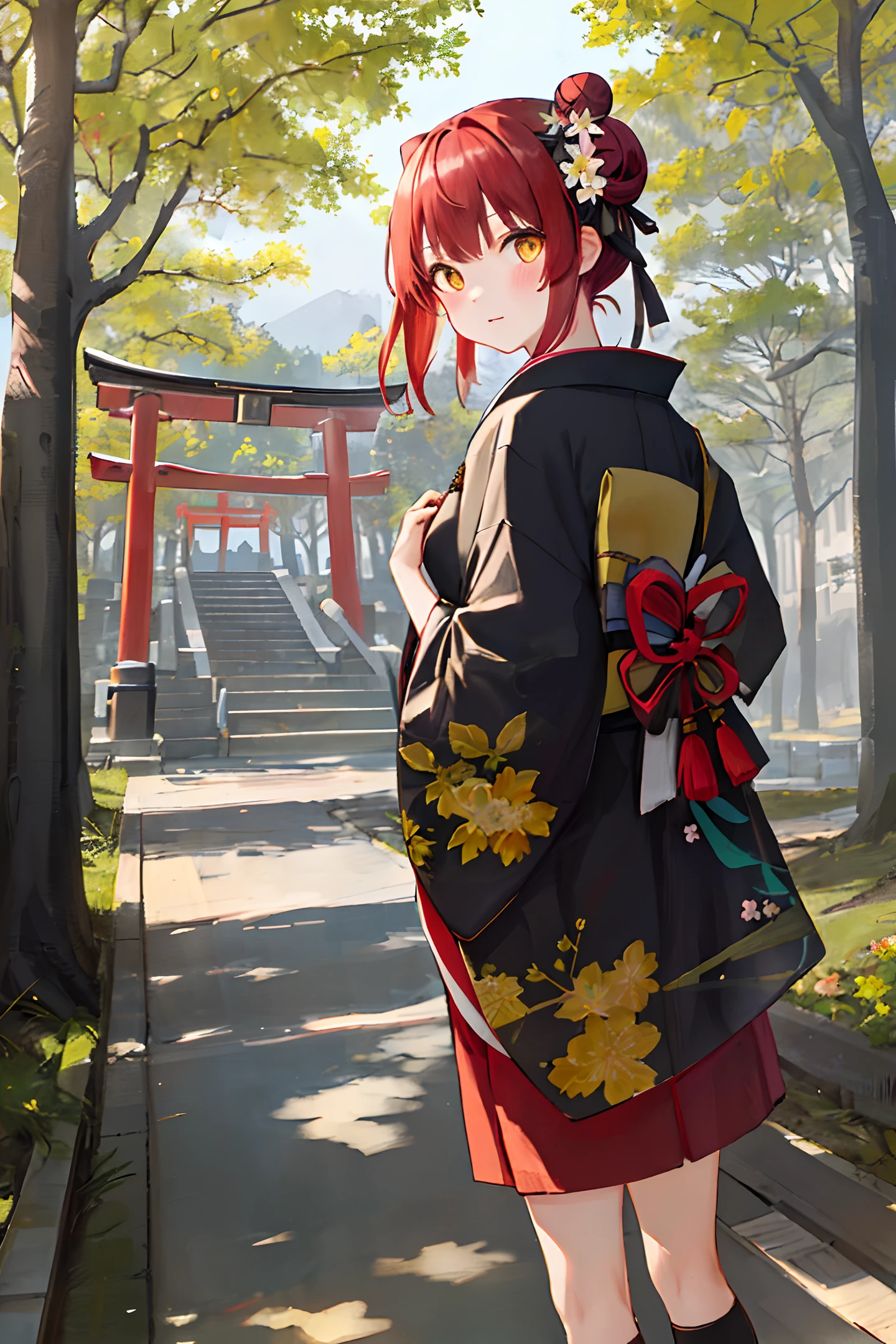 ((masterpiece,best quality)),2girls, black kimono, black legwear, black ribbon, black hair, cherry blossoms, day, flower, hair bun, hair ribbon, japanese clothes, kimono, long hair, looking at viewer, looking back, multiple girls, obi, outdoors, red eyes, red hair, ribbon, sandals, single hair bun, stairs, standing, statue, torii, tree, white kimono, yellow eyes