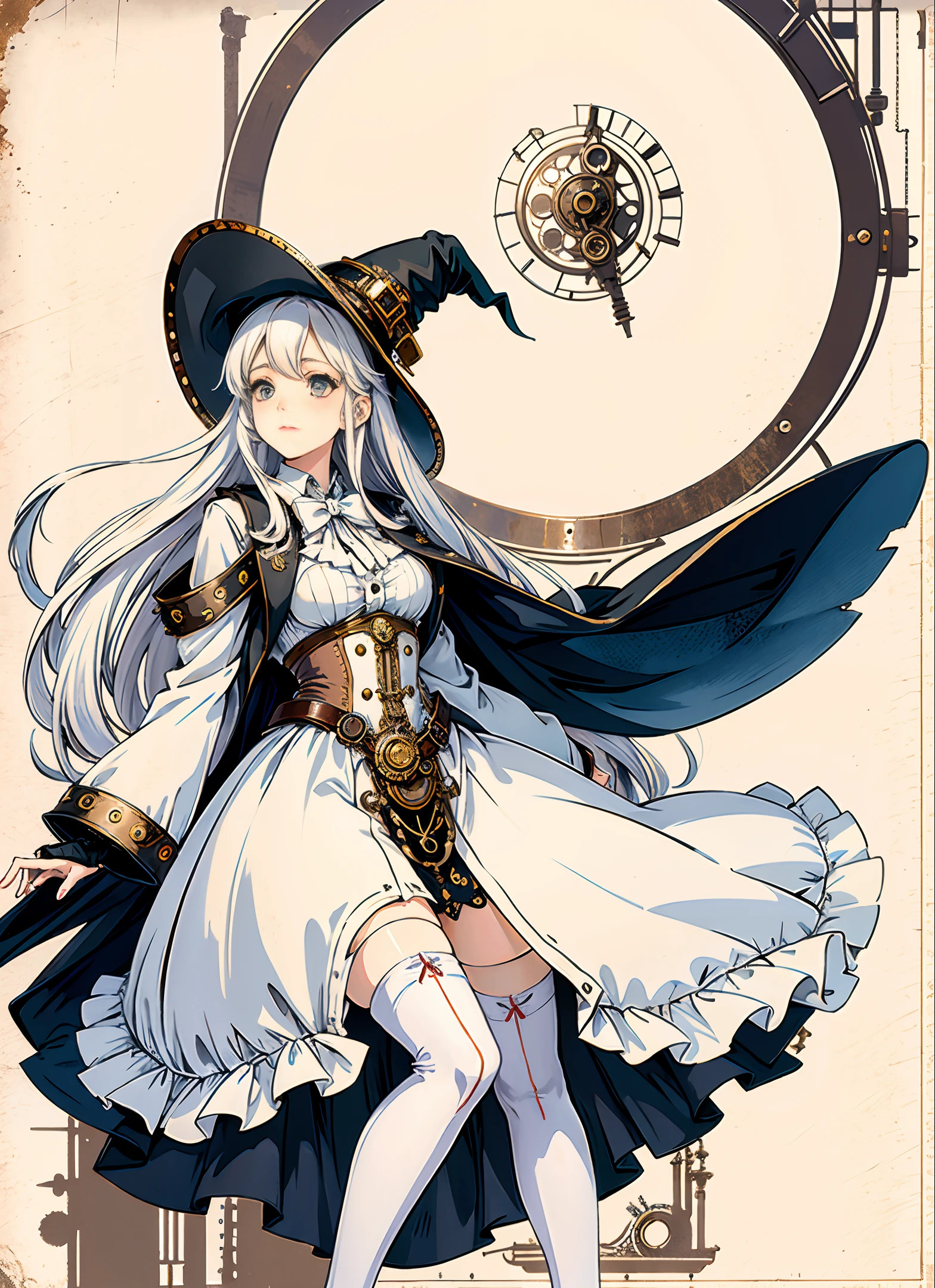 1 girl, (steampunk:1.1), long flowing white hair, (white stockings:1.1), large white witch hat, witch costume.