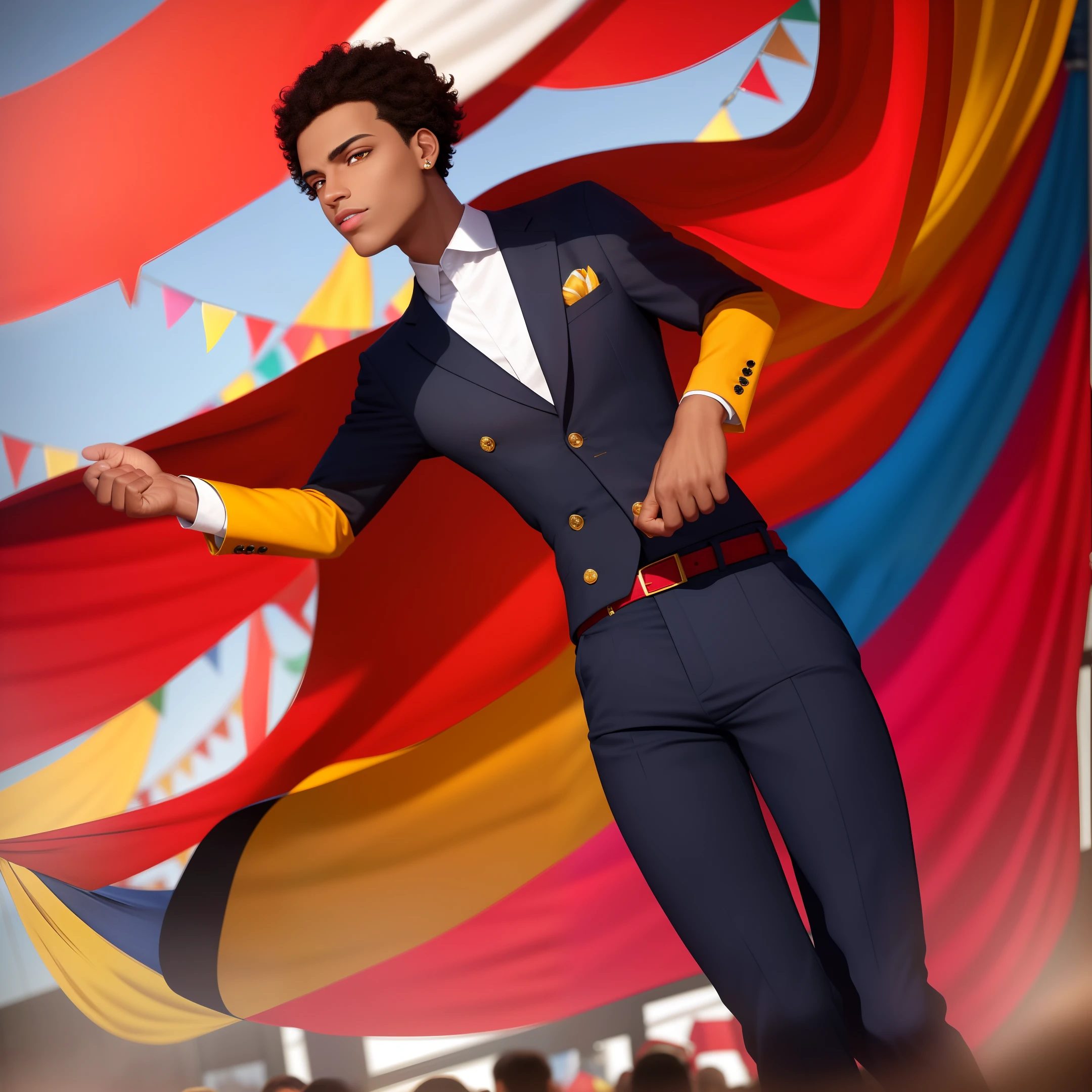 (dramatic illumination, dynamic angle, intense color contrast), [(a black teen boy with short curly black hair and brown eyes: 1.2), (on an outdoor stage surrounded by red white and yellow bunting: 1.2), (wearing navy blue pants and blazer: 1.1)], 