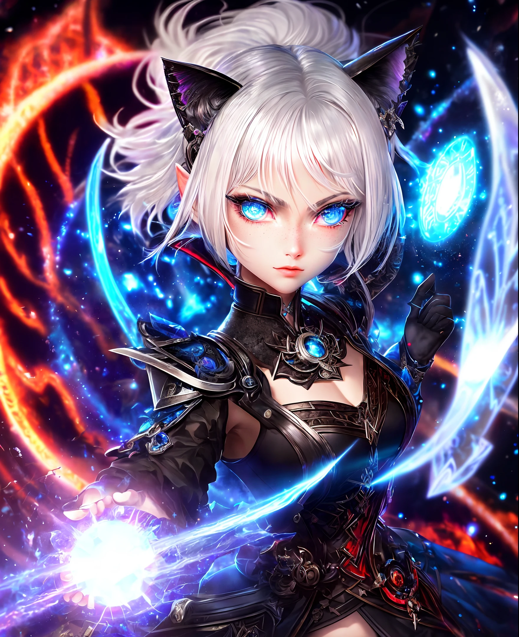 very complex hyper-maximalist overdetailed cinematic (masterpiece, best quality, ultra-detailed, best shadow), (detailed background,dark fantasy), (beautiful detailed face), high contrast, (best illumination, an extremely delicate and beautiful), ((cinematic light)), hyper detail, dramatic light, intricate details, (1 girl, solo,white hair, sharp face, blue and red eyes, hair between eyes, dynamic angle), swirling black light around the character, depth of field,black light particles,(broken ice),magic circle,cat girl,short hair, xenoblade, (heterochromia),cat ears, freckles, dynamic pose