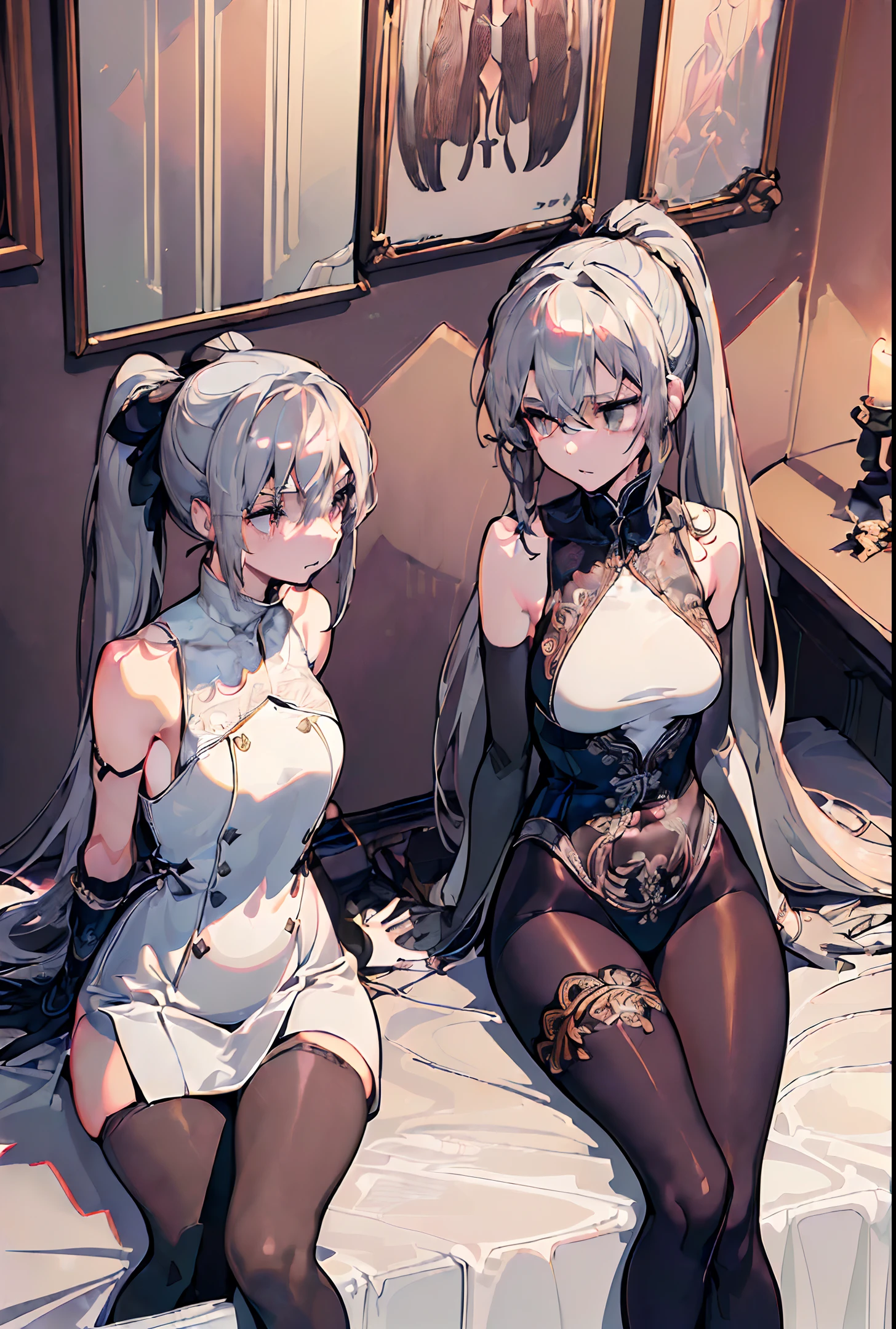 (((2 girls))),ray tracing, (dim light), [realistic] ((detailedbackground(bedroom))),(((silver hair)), ((((((((((a disheveled silver hair , plump and slender) Girls with high ponytails))) in ominous bedrooms, avoiding their golden eyes, ((and girls in intricately embroidered black high-waisted trousers with pantyhose and white raw-edged bow-knotted gloves )) as the girls sit very close to each other to show off their exquisite slender figures and beautiful curvaceous, correct limbs