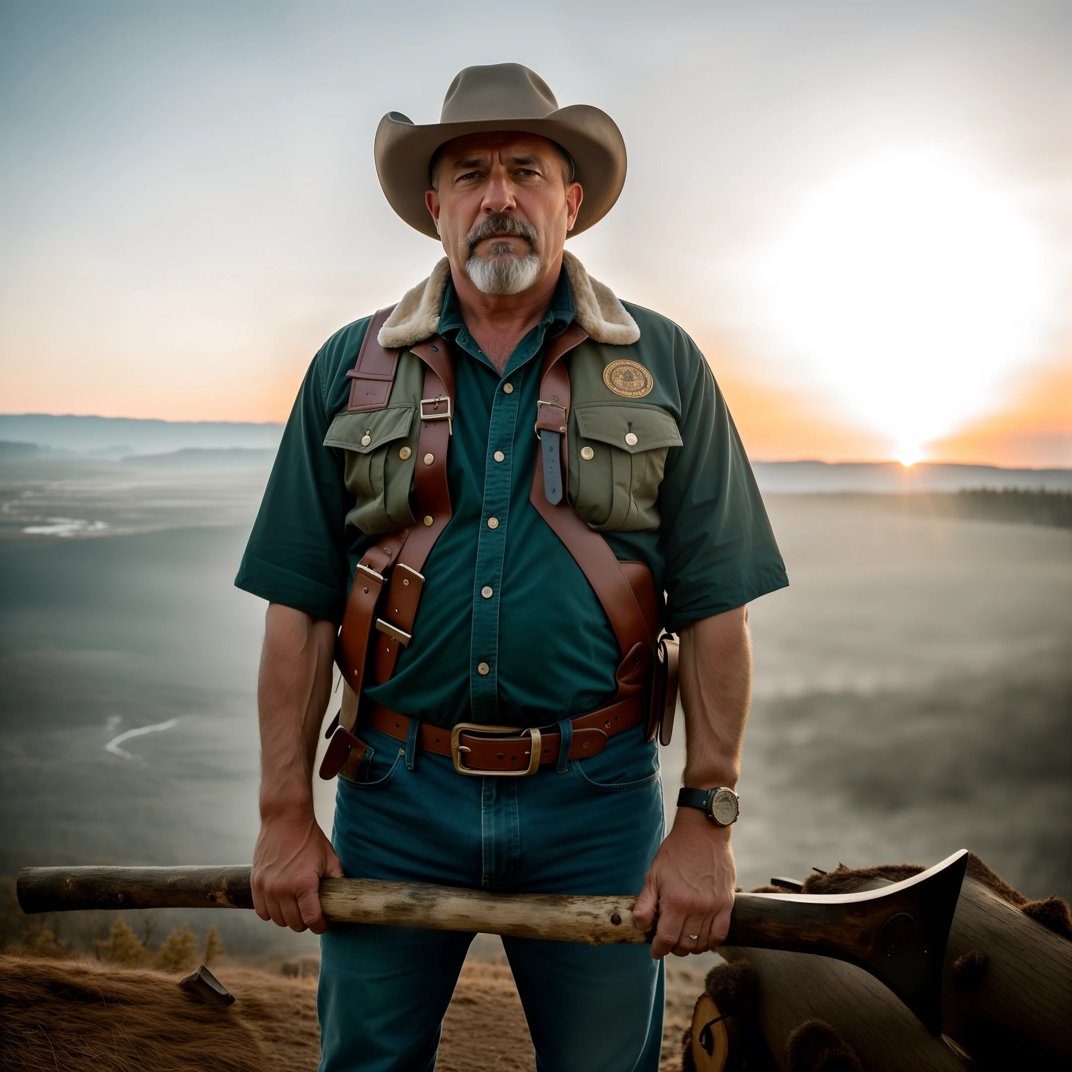 RAW photo, a medium portrait of a brutal 50-year-old man in a fur coat and cowboy hat, short hair, somewhat aged, sallow skin, European, muscular, with a logging axe, (high detail skin: 1.2) , 8k uhd, dslr, soft light, high quality, film grain, Fujifilm XT3