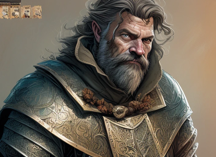 Bird's Eye View detailed ((dnd knight middle aged man portrait)), happy, HD, (oil painting:1.1), (comic book art style:1.5),(inked outline:1.3), Stunning, Character, Portrait, (((Looking Sideways))), angular features, (darkbrown Braids Hair), (muted natural colors:1.3) in painterly style by Thierry Doizon , splash art