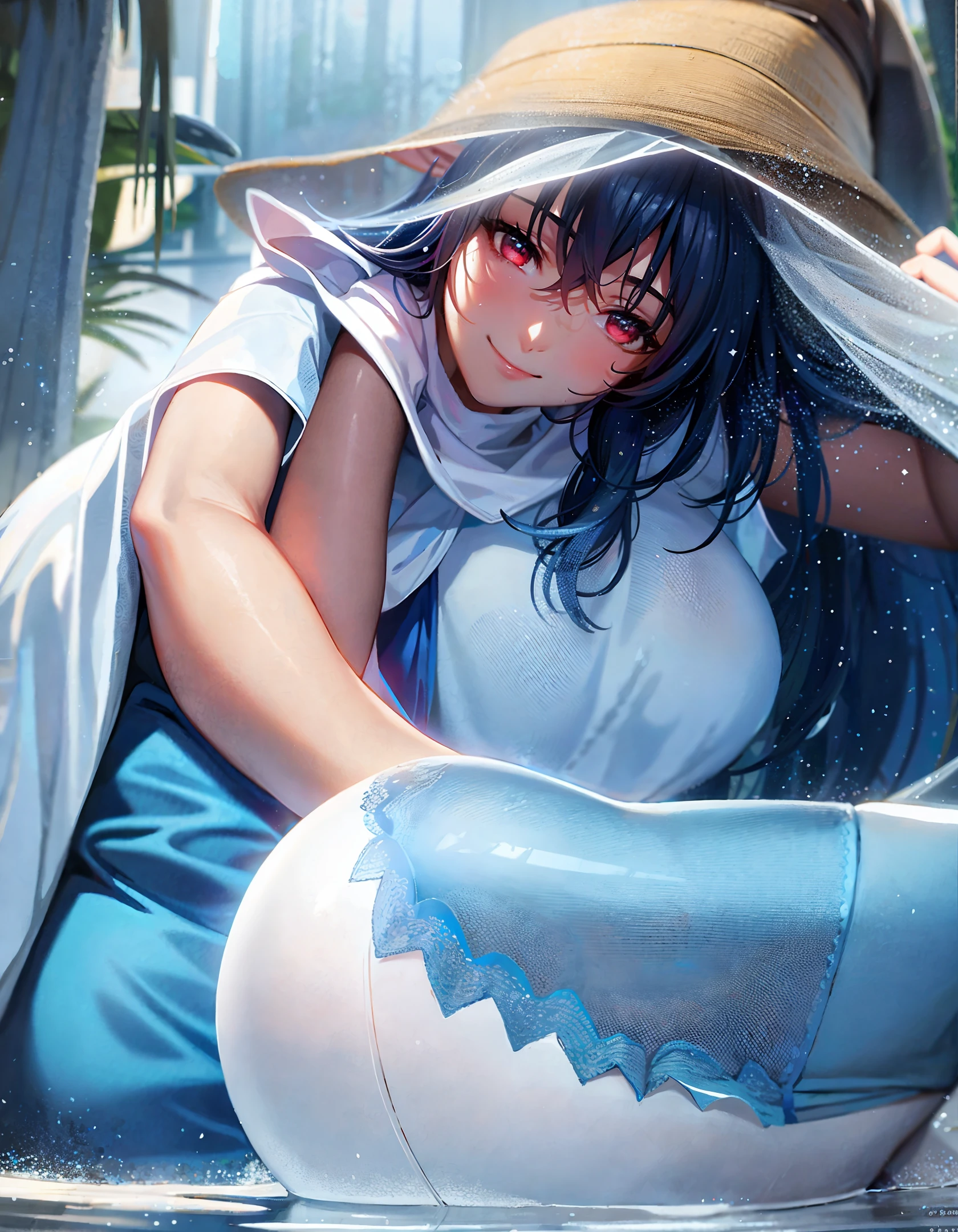 Daytime, blue theme, movie lighting, illustration, masterpiece, best quality, 1 girl, single focus, shy, smiling, ((wet clothes 1.2)), sitting on the river, upper body, dress, pajamas, white leggings, Dark skin, forest, elf, red eyes, white hair, (from below), looking away, emphasis on fine fabrics, realistic,