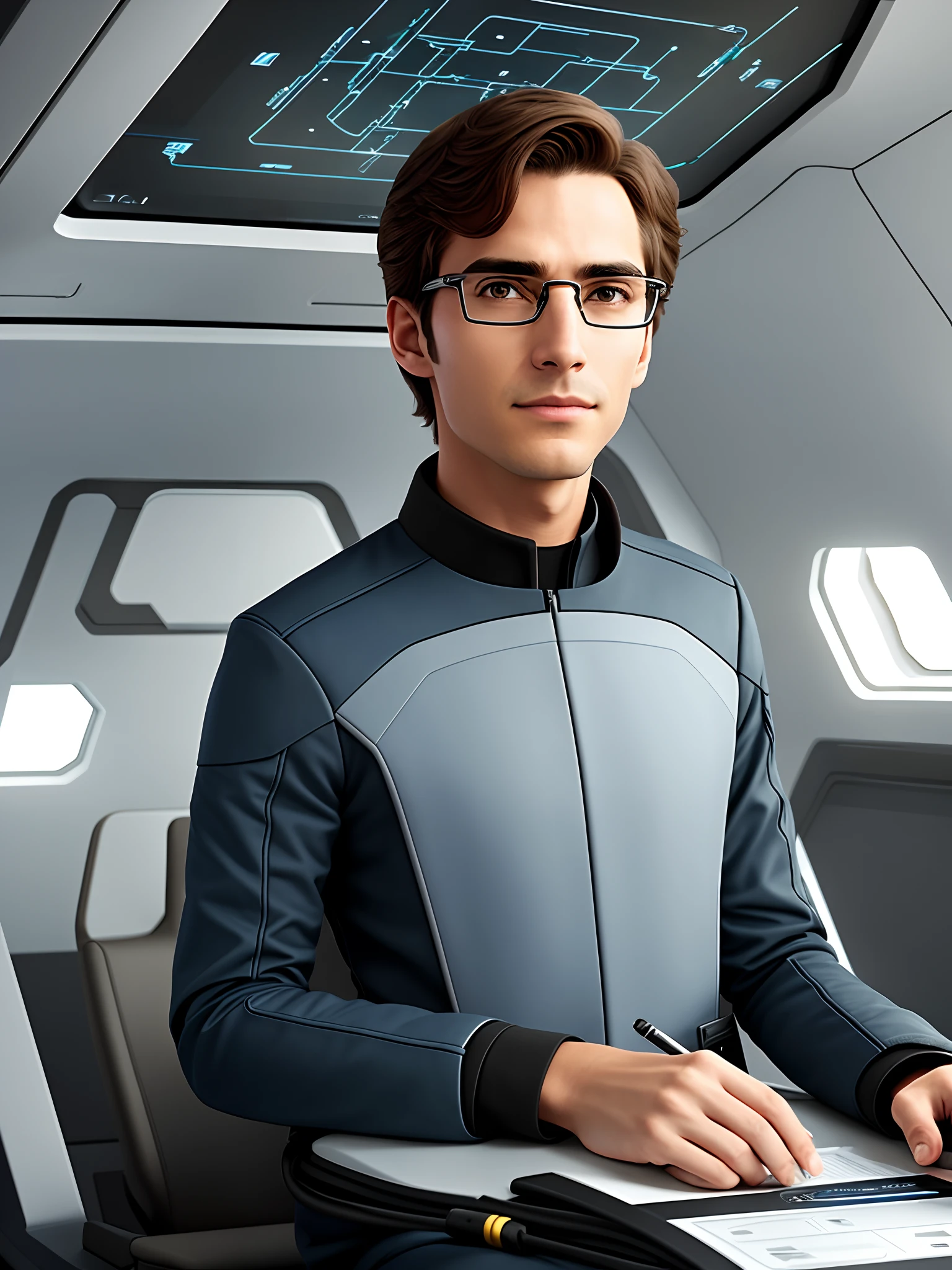 "An intellectually advanced male with sci-fi engineering expertise and navigational skills, wearing sleek and stylish glasses, on board a starship."