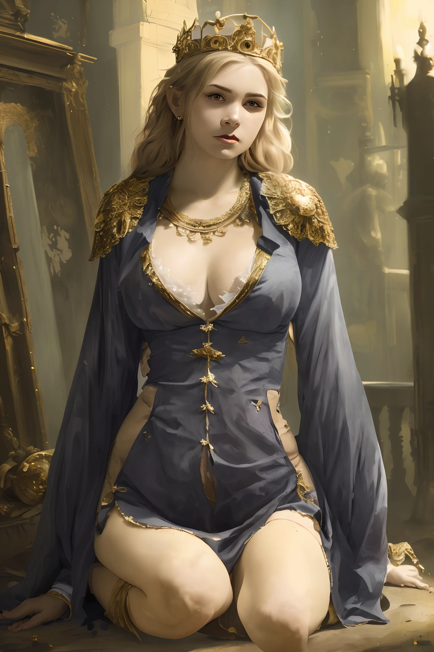 Wearing a gold crown, 14-year-old beauty with big breasts ((German classic)) full body panorama, (barefoot focus) (captive), model portrait, covered in blood, blood stains, tattered clothes (details: 0.9), long blond hair shawl (highly detailed CG uniform 8k wallpaper), plump, landscape) glam emoji, torn skirt, cutout, seductive look, smile, American industry&#39;s most beautiful art full body, Ed Blinkey, Atey Ghailan, Ghibli works Chamber, Jeremy Mann, Greg Manchess Professional Majestic Painting, Antonio Moro, ArtStation Trends, CGSociety Trends, The Art of Intercate, Highly Detailed, Clear, Realistic Painting, Greg Rutkowski (National Science Foundation Conference)