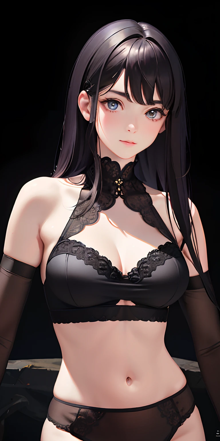 (realistic: 1.4), (masterpiece, sidelighting, finely detailed beautiful eyes: 1.2), masterpiece*portrait, realistic, 3d face, glowing eyes, black hair, loss skin, solo, embarrassed, (midriff), black underwear, blonde hair ,