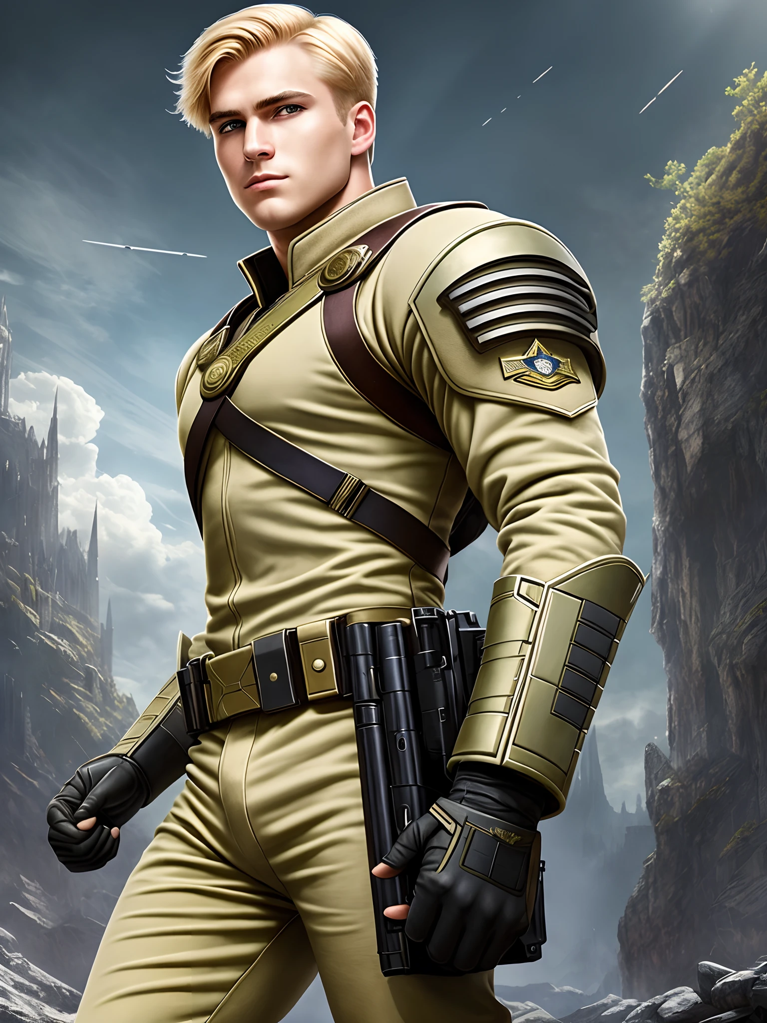 (masterpiece, best quality, super detailed, best shadows), (detailed background,) sci-fi liberator captain blond young strong confident strong healthy strong military uniform man