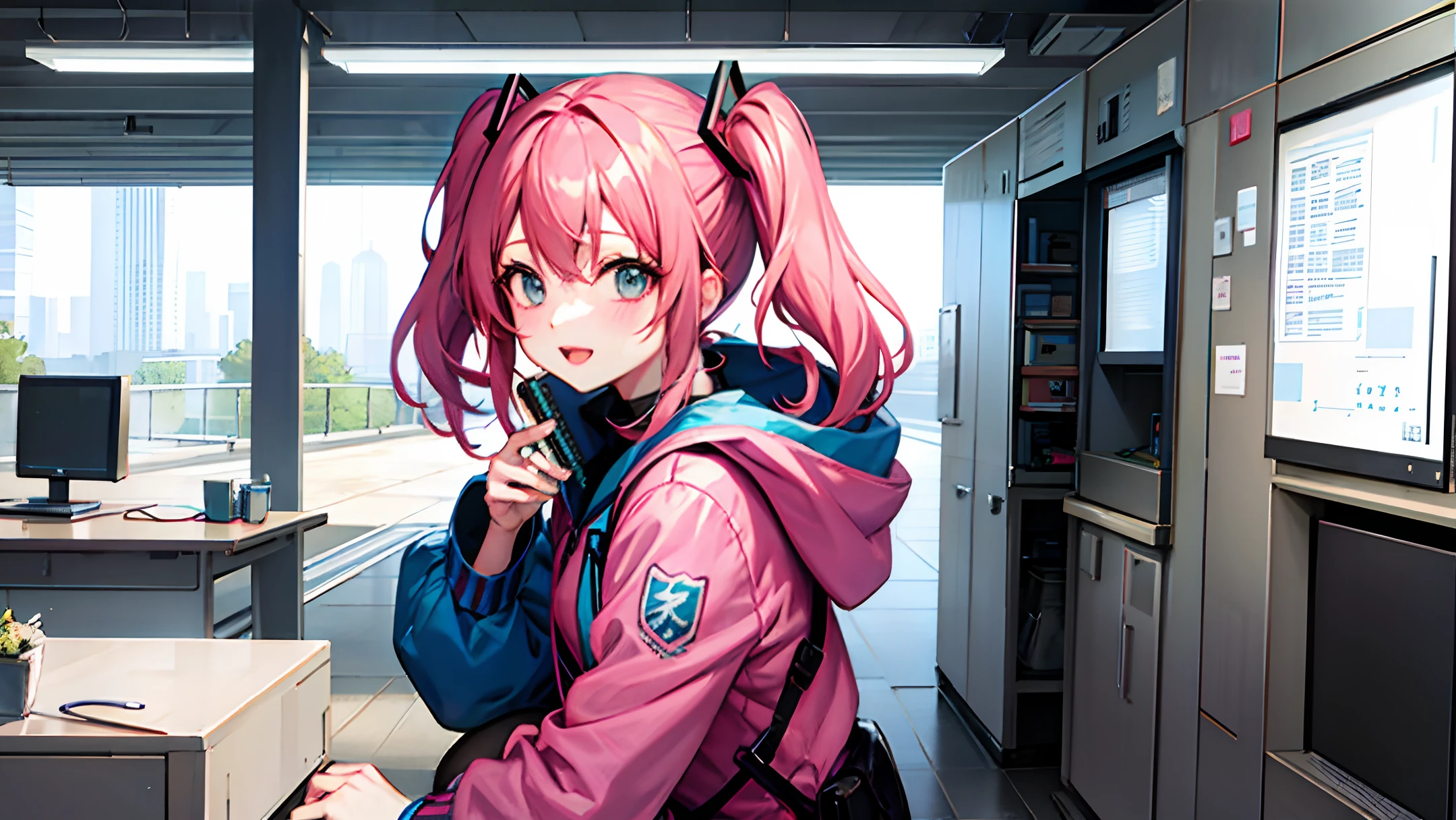 Miku Nakano anime girl with pink hair and blue sweater talking on a cell phone, handsome girl, anime cover, doki doki literature club, rena nounen style 3/4, cute:2 , in style of Tezuka animation, anime best girl.