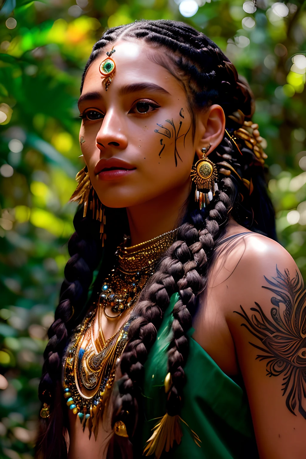 (extremely detailed CG unity 8k wallpaper,masterpiece, best quality, ultra-detailed),(best illumination, best shadow, an extremely delicate and beautiful),(powerful and feminine),(face framing,((1woman)),long hair, braids, tribal tattoos, golden earrings and headdress),(jungle setting,depth of field, sunshine through trees,leaves,greenery, spirit animals)