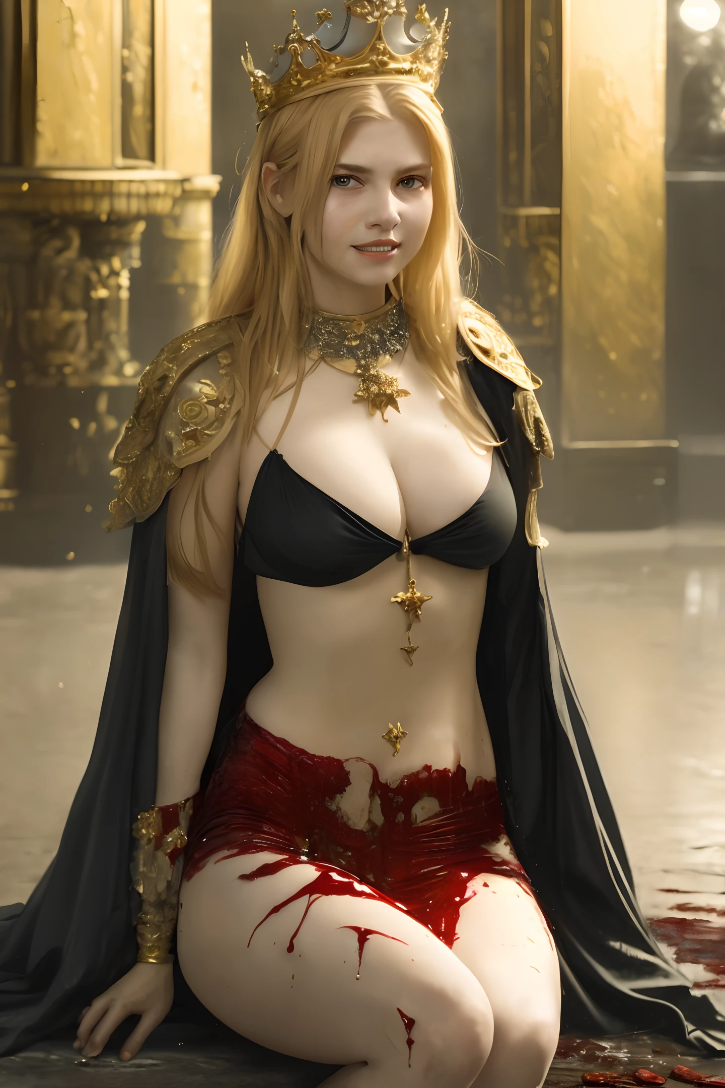Wearing a golden crown, 14-year-old beautiful woman with big breasts ((German classic)) full body panorama, (barefoot focus) (death row), blood, dark, sitting in blood, model photo, covered in blood, blood stains, torn clothes (details :0.9), blonde long hair cape (high detail CG uniform 8k wallpaper), plump, landscape) gorgeous emoji, torn skirt, cutout, seductive look, smile, the most beautiful art full body of American industry, Ed Blinkey , Atey Ghailan , Ghibli works Chamber, Jeremy Mann, Greg Manchess Professional Majestic Painting, Antonio Moro, ArtStation Trends, CGSociety Trends, The Art of Intercate, Highly Detailed, Clear, Realistic Painting, Greg Rutkowski (National Science Foundation Conference)
