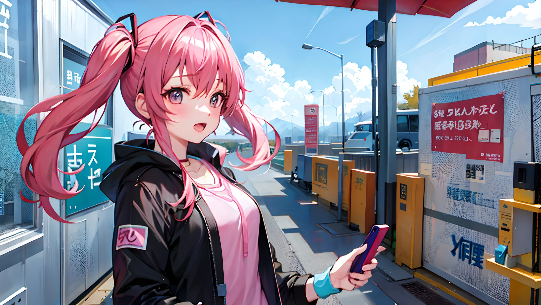 Miku Nakano anime girl with pink hair and blue sweater talking on a cell phone, handsome girl, anime cover, doki doki literature club, rena nounen style 3/4, cute:2 , in style of Tezuka animation, anime best girl , HD