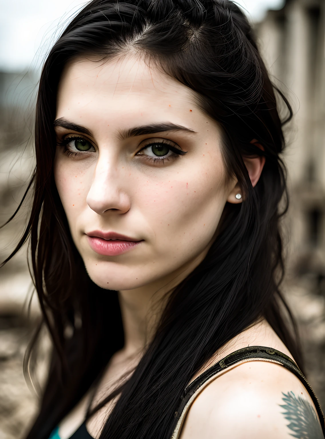 RAW photo, portrait photo close-up beautiful woman 30 years old, warrior, wearing wasteland clothing, long haircut, pale skin, slender body, background - urban ruins, (high detail skin:1.2), 8k uhd, DSLR, soft lighting, high quality, film grain, Fujifilm XT3