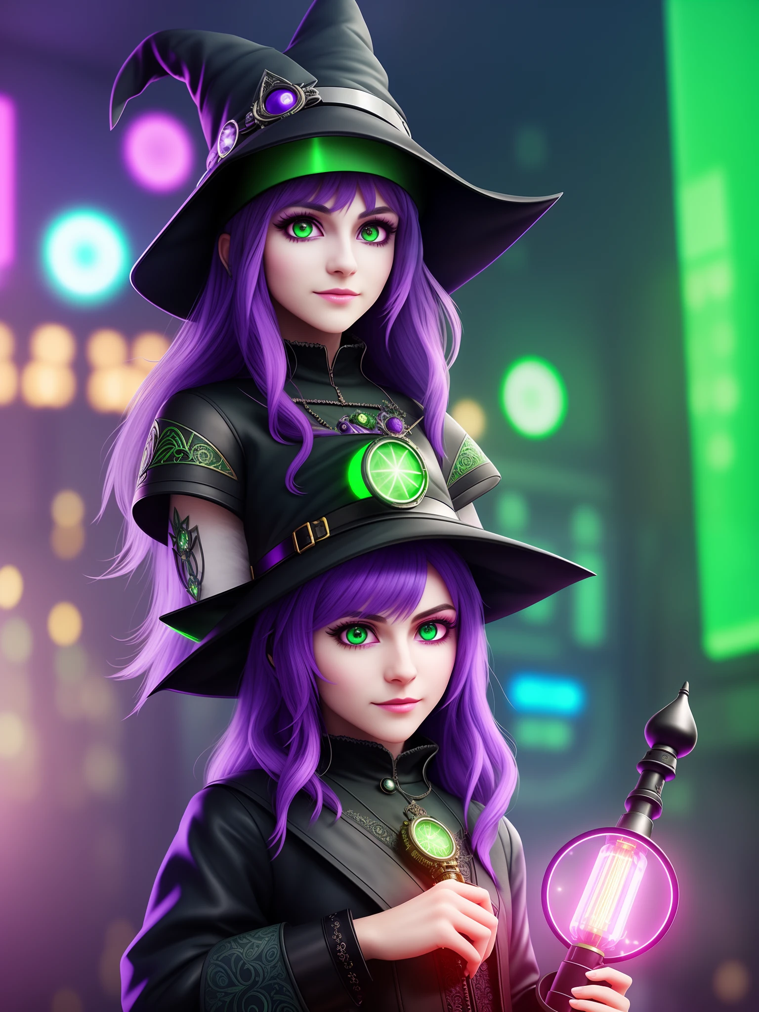 A cute furry witch holding a green and purple light, cyberpunk style, clockwork, ((intricate detail)), HDR, big eyes, ((intricate detail, super detail)), vacuum tube or tube, film lens, vignette, bokeh effect background