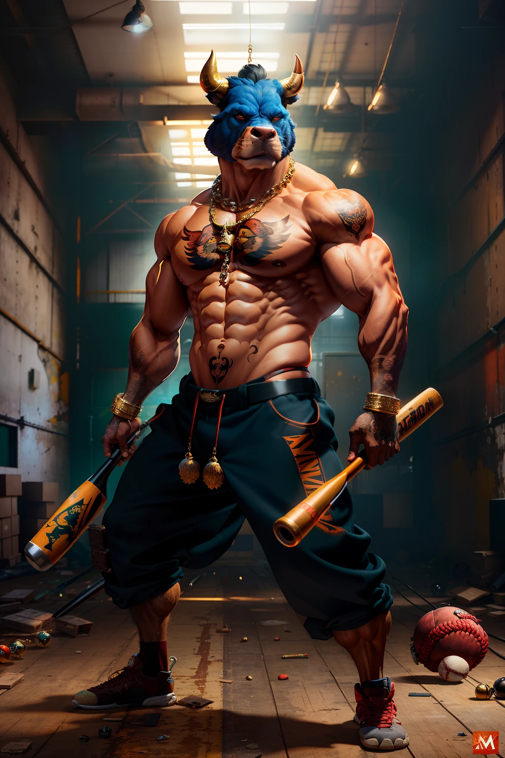 ((best quality)), ((ultradetailed)), ((masterpiece)), photograph, scene: spacious abandoned warehouse, theme: anthropomorphic animal mafia, character: buffalo, appearance: muscular build, action: combat stance, expression: fierce, holding a baseball bat, gold necklace, upper body bare, sporting mafia tattoos, perspective: 4K.