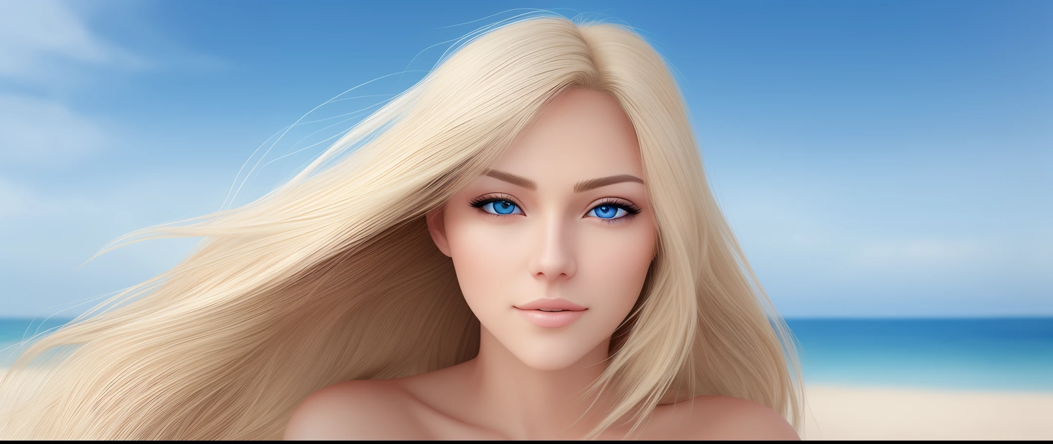 Pretty Female, Windblow blonde hair, glowing blue eyes, realistic, masterpiece, high detailed, 4K, beach background, high detailed light, little smile, white skin